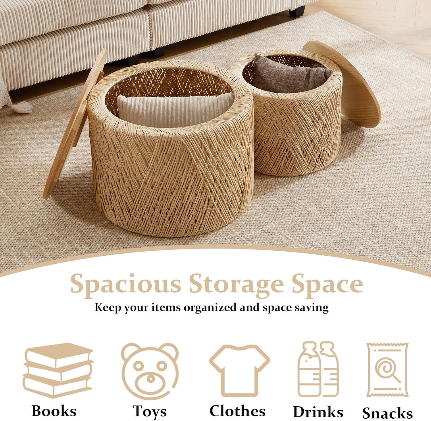 Kmax 24" Round Wood Nesting Coffee Table Set of 2 Handcraft Woven & Rope Rattan Sofa Tables Both with Storage Drum End Side Table for Small Space Living Room No Assembly Needed, Natural Color