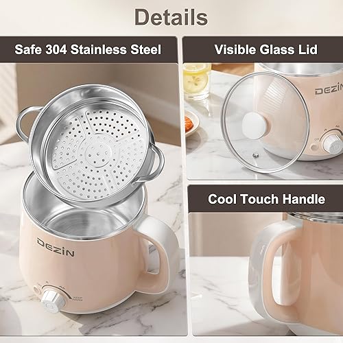 Miniatura 9 de Dezin Olla eléctrica con vaporizador, olla rápida de fideos, olla eléctrica de acero inoxidable de 1.6 litros, perfecta para ramen, huevo,