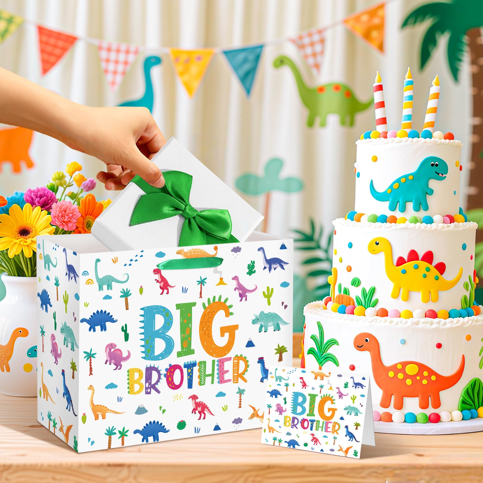 Big Brother Gift Bag for Boys, Cute Big Bro Gift Bag with Tissue Paper and Greeting Card Green Wrapping Paper Cartoon Dinosaur New Brother Party Decoration for Little Boy Birthday Party Supplies