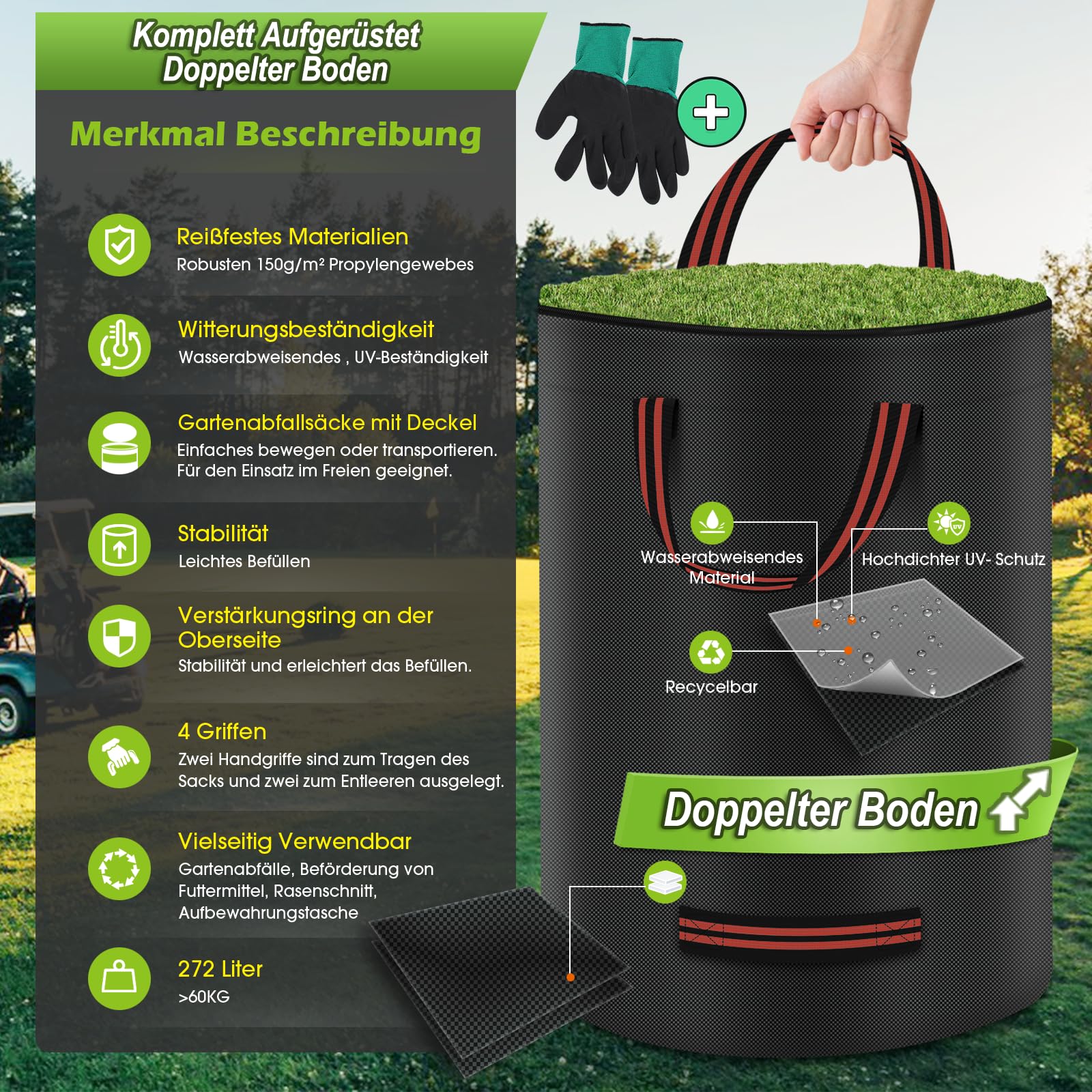 Lot de 3 sacs à déchets de jardin de 272 l - Solides - Avec couvercle - Double fond - Avec gant, sac de jardin - Grands, indéchirables et étanches - Pour déchets de jardin et municipalités