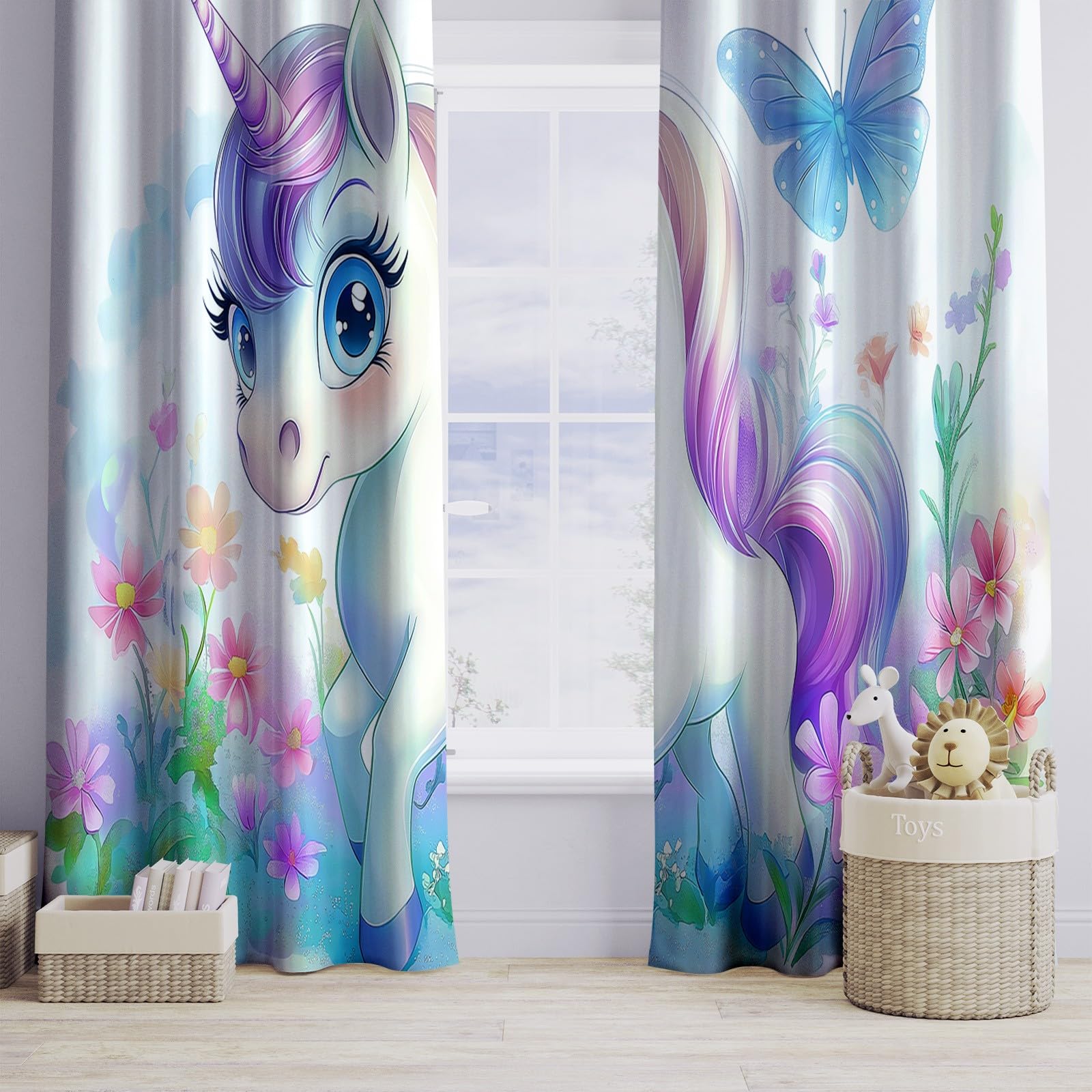 Rideaux Occultants Enfant Couronne De Licorne De Dessin Animé Blanc, Rideaux Thermiques à Œillets, Décoration pour Chambre Bébé et Enfant, Isolation Anti-Froid, L140 x H160 cm, Lot de 2