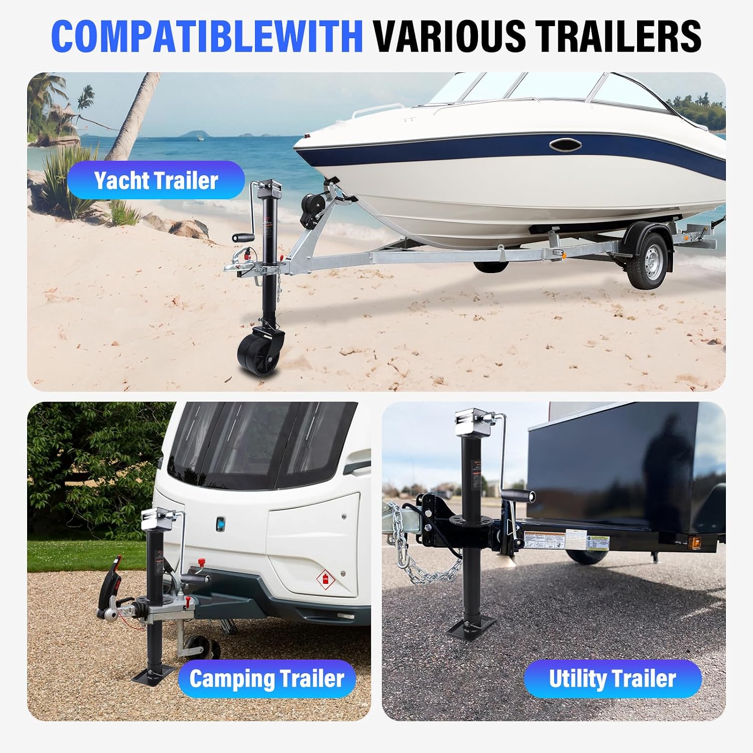 2-in-1 A-Frame Trailer Jack, 5000 Lbs Capacity with Foot Plate or 2000 Lbs Dual Wheel, 20-24V Cordless Drill Compatible, 15" Lift Heavy Duty Jack for RV, Boat & Utility Trailer
