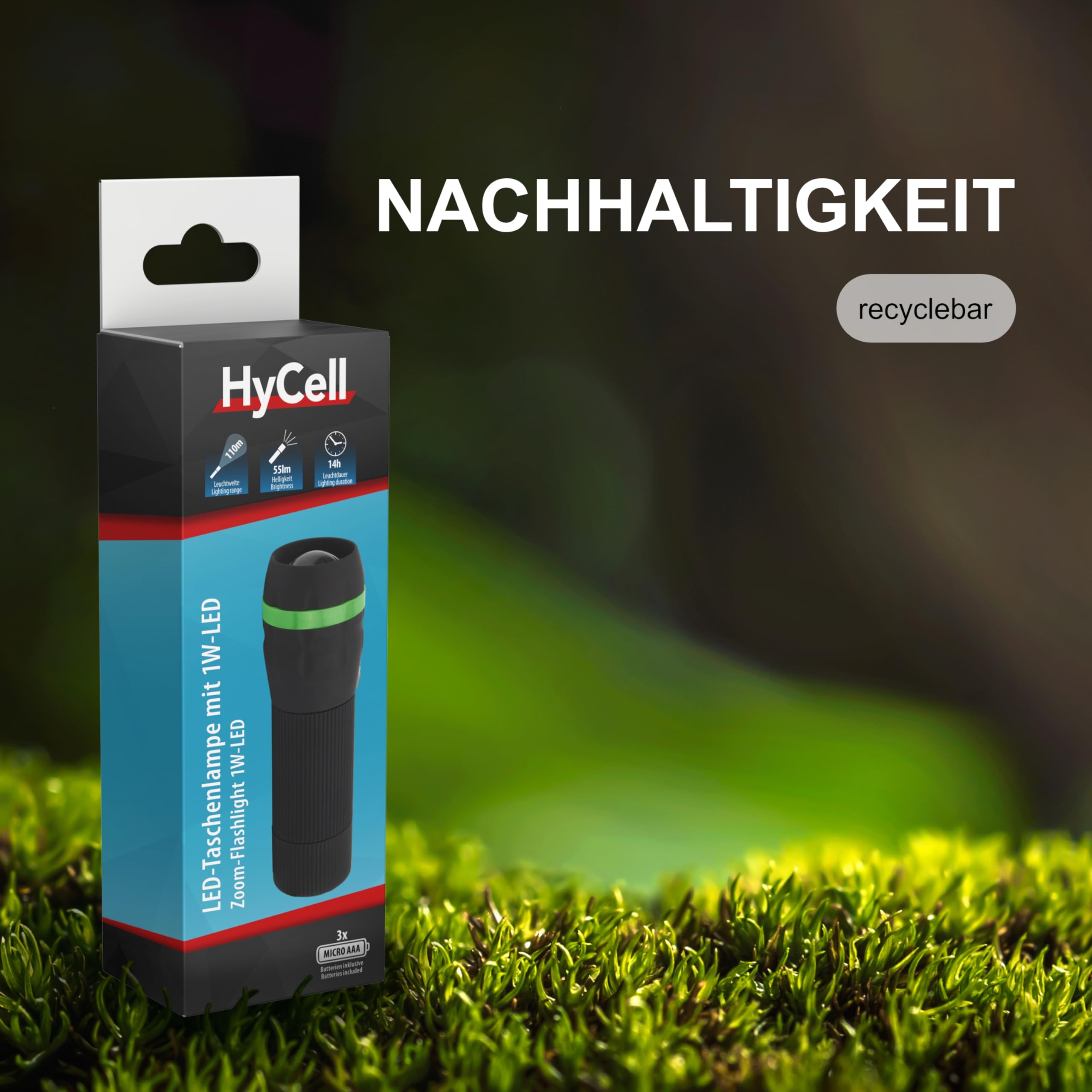 HyCell 10 x mini latarka LED z zoomem, możliwość ustawienia ostrości, w zestawie baterie AAA + 40 baterii AAA, poręczna lampa LED z bezstopniową regulacją ostrości, na kemping, do warsztatu, czarna,