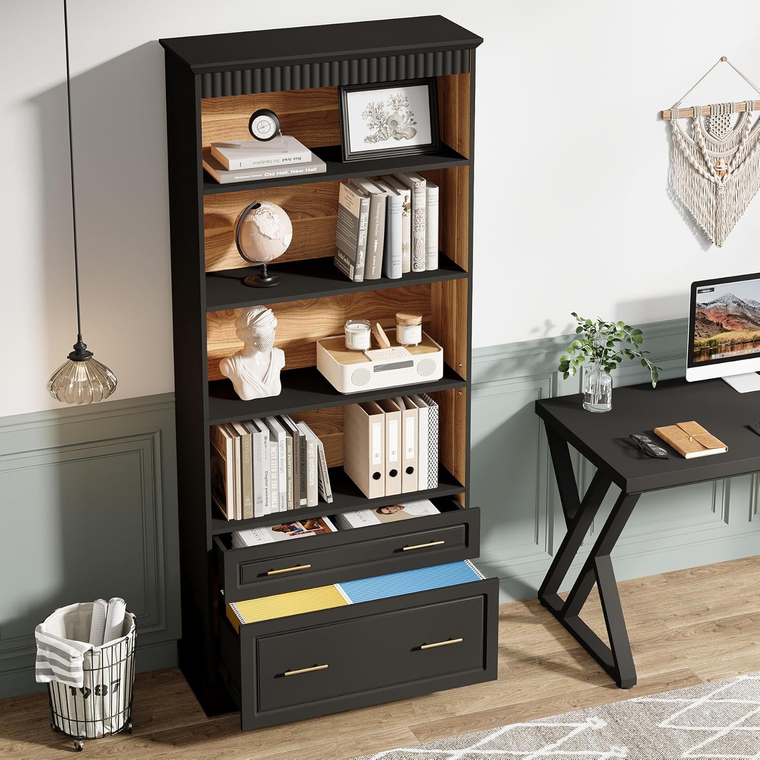 Tribesigns Way to Origin 2-Drawer Vertical File Cabinet for Letter Size, Moder Filing Cabinet with 5-Tier Bookshelf, Large Printer Stand with Open Storage Shelves for Home Office (Black)