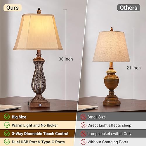 Miniatura 5 de Juego de 2 lámparas de mesa regulables de 3 vías para dormitorio, lámparas táctiles de 30 pulgadas de alto para sala de estar con puertos USB y tipo