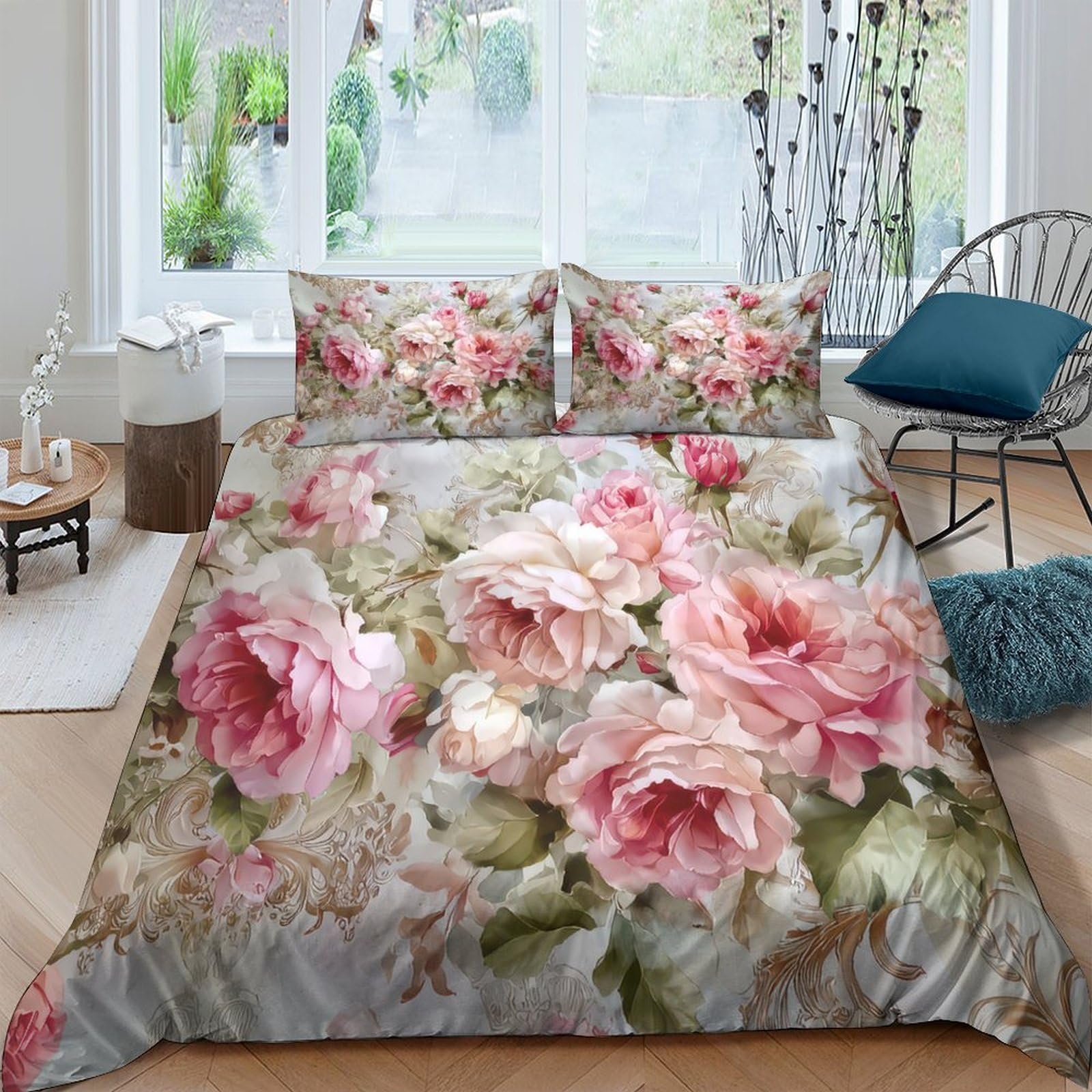 Ctjqhvkz Style-4 3D Printed Romantic Pink Rose Fitted Sheet Microfiber Soft Floral Bed Cover For Bedroom Guest Room Decoration Single（135X200cm）
