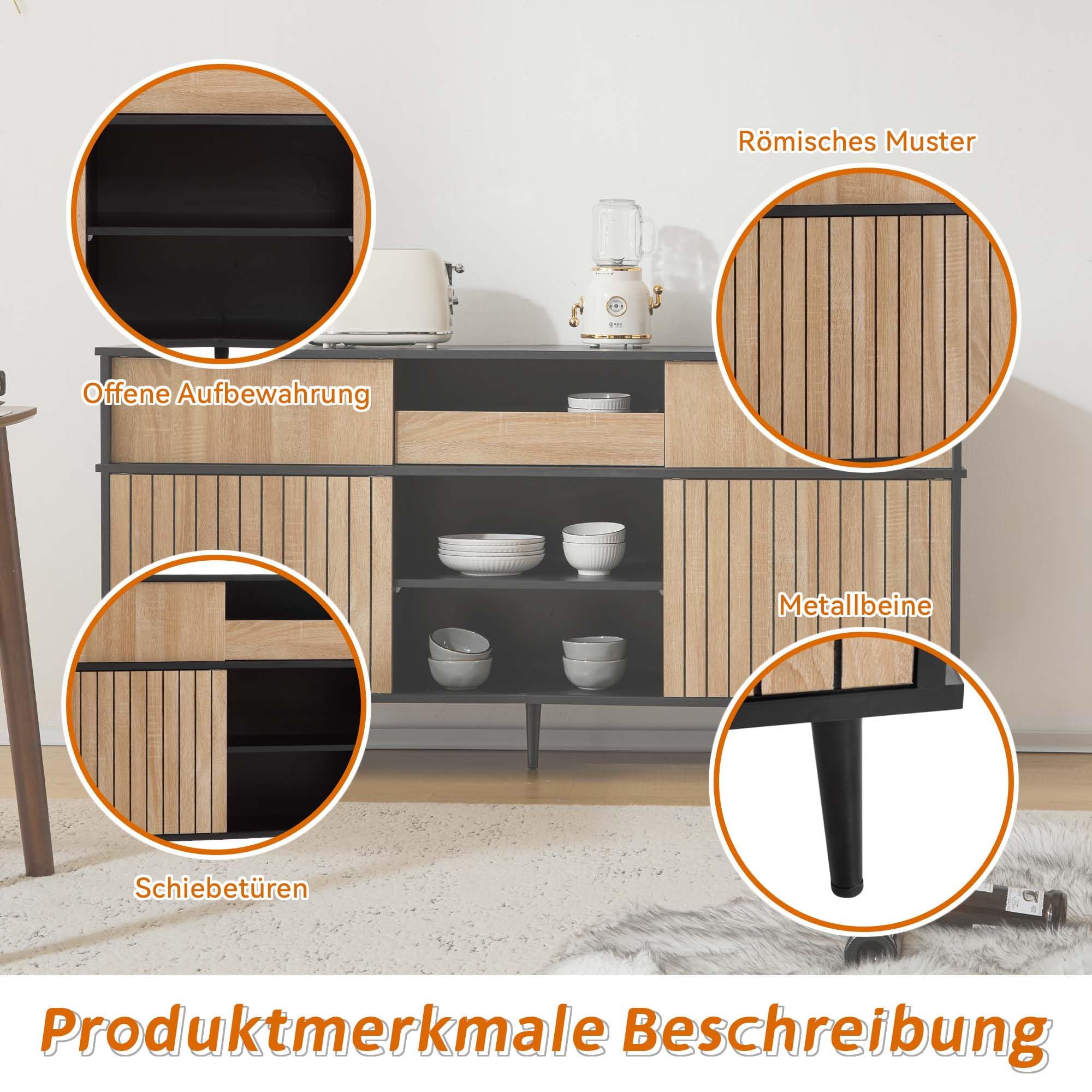 Zepneiy Cassettiera 160 x 40 x 80 cm con 4 ante scorrevoli e 1 cassetto, rovere+nero
