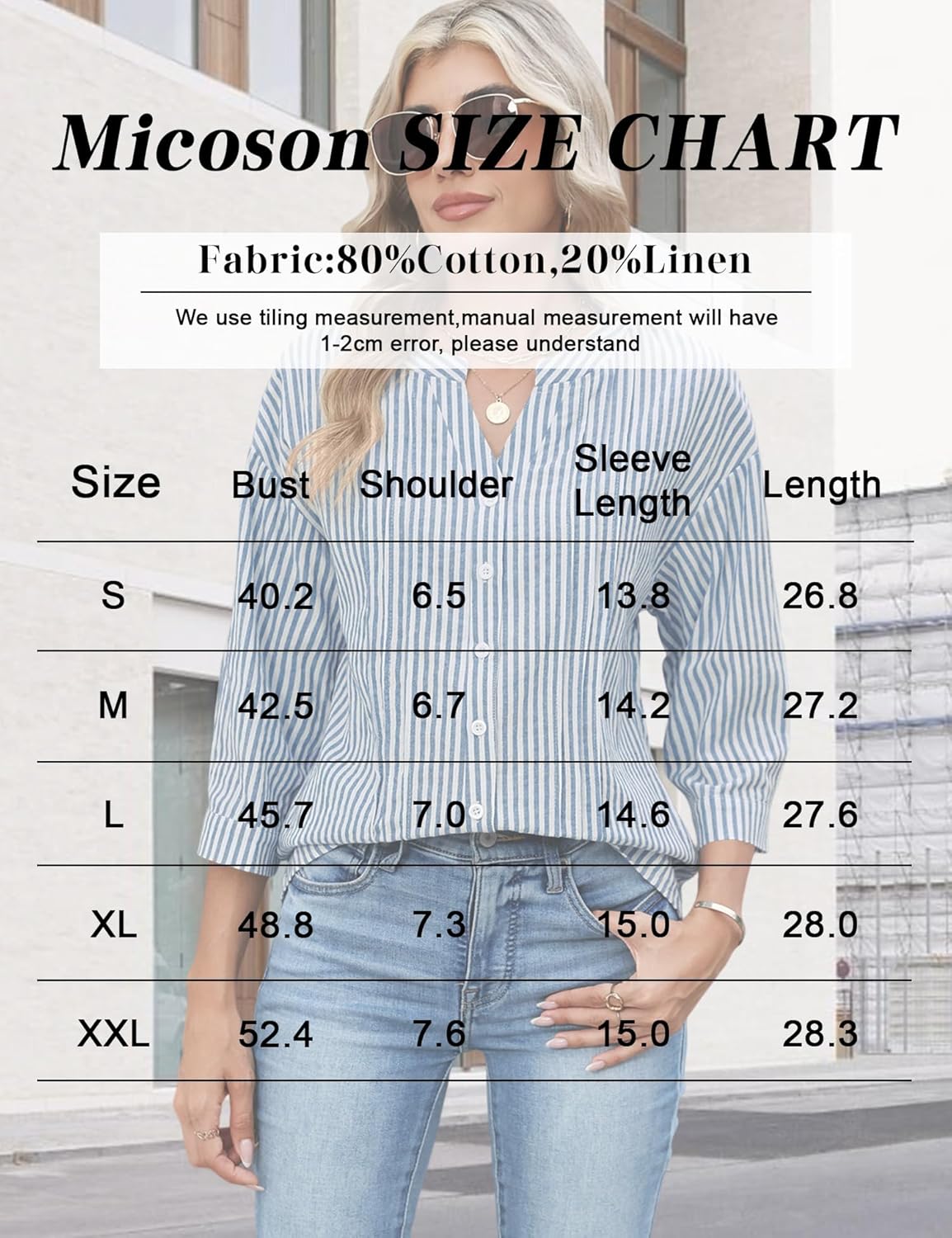 Micoson Womens 3/4 Sleeve Tops Cotton Linen Button Down Shirts V Neck Pleated Casual Loose Blouses Roll Up Sleeve Shirt - Image 6