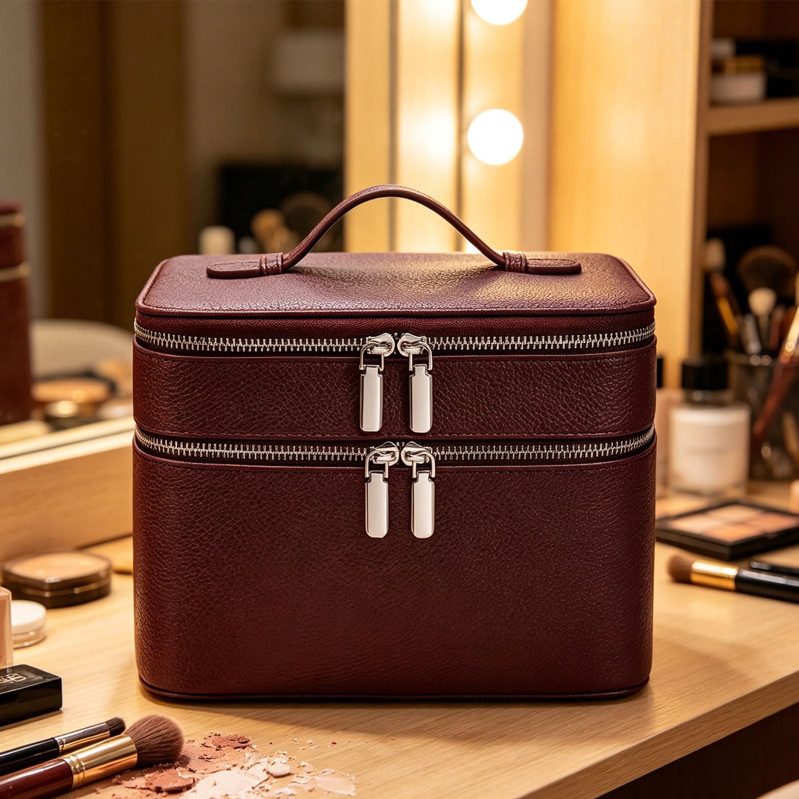 Professionelle Make up Aufbewahrung, Konstruktion aus PU Leder, herausnehmbare Trennwände, perfekt für die Aufbewahrung von Kosmetika und Accessoires, Kosmetiktasche mit großem Fassungsvermögen