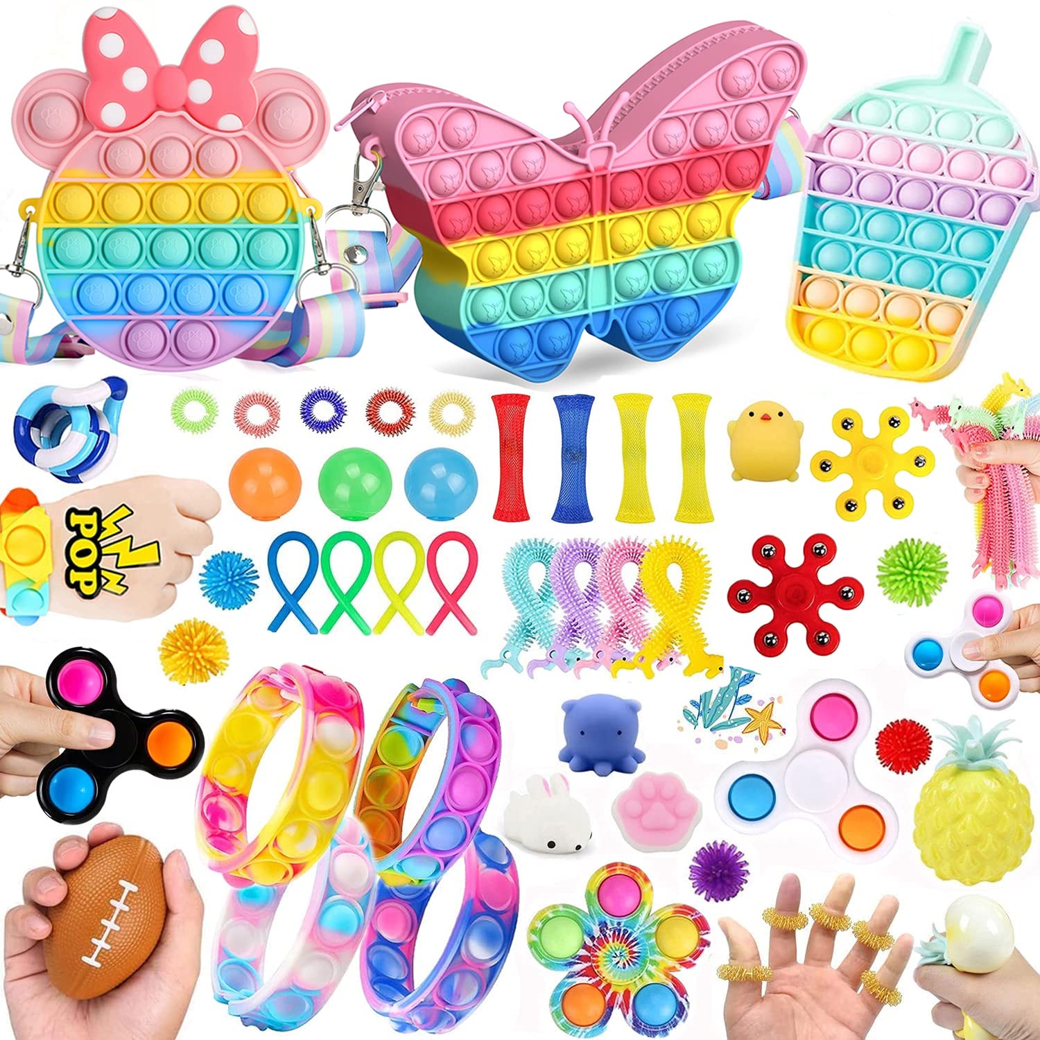 45 Pcs Fidget Toys Set Cheap with Pop Shoulder Purse Bag,Kids Bags for Girls,Pop Fidget School bags for Girls,Figetget toys set With Pop Stress balls, Etc,Toys for Girls (Butterfly)
