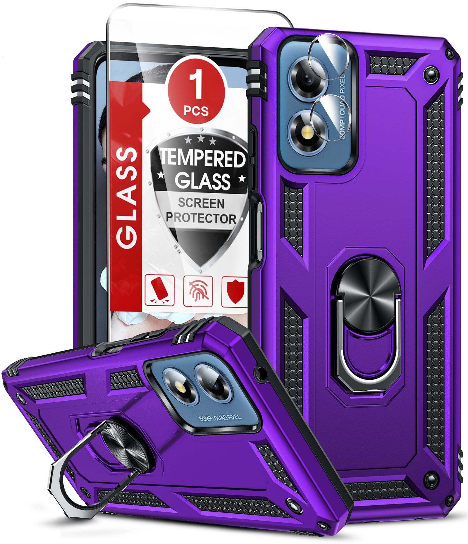 LeYi for Moto-G-Play-2024-Phone-Case, Motorola G Play 2024 Case with Screen Protector and Camera Lens Protector, Military-Grade Cell Case Cover with Magnetic Ring Stand for Moto Play 2024 4G, Purple