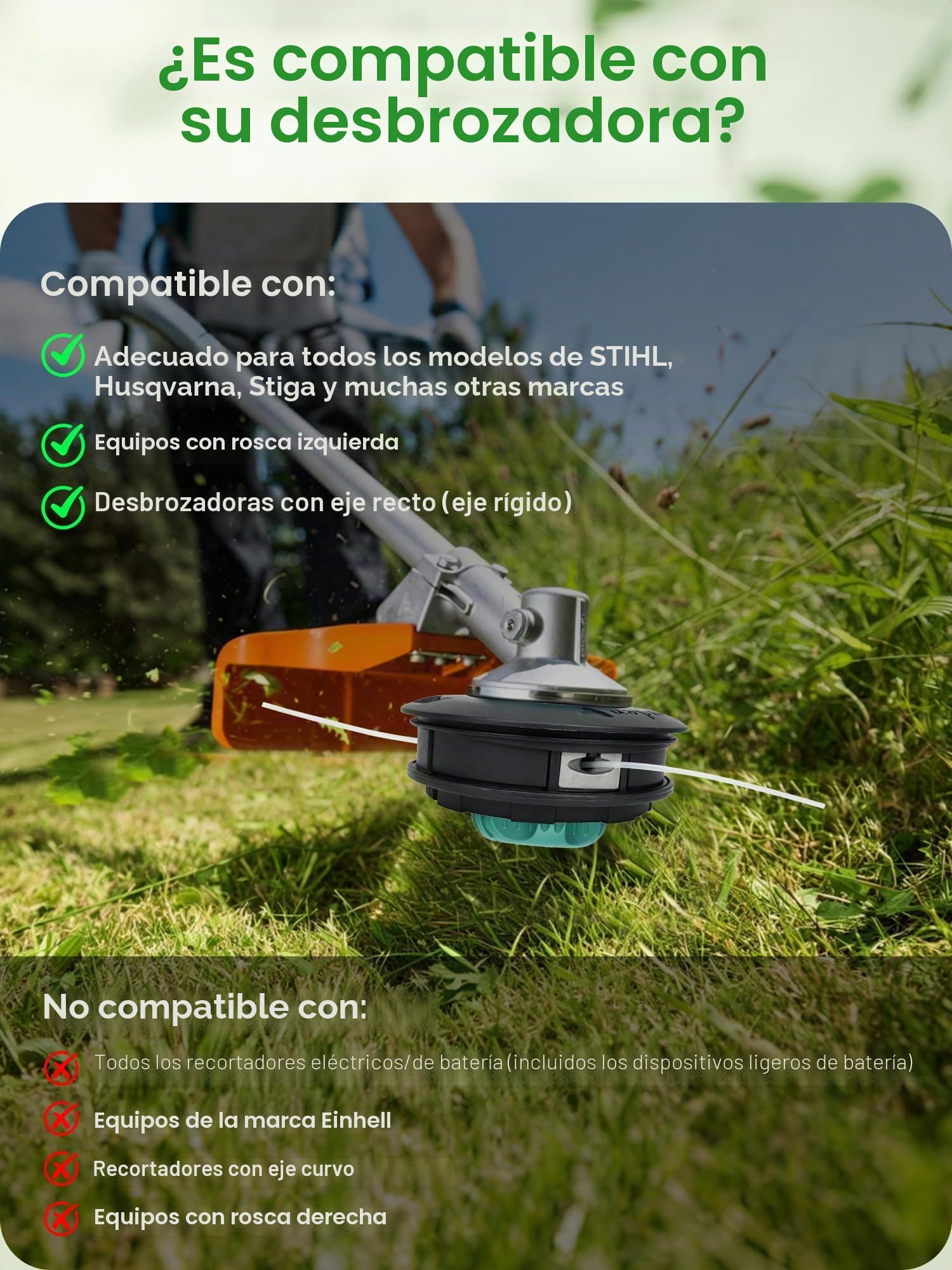 SUNMON Cabezal de Corte para Desbrozadora M10 x 1,25 LG con Carrete Universal 7 m x 3 mm, Cabezal Automático Tap & Go para Cortadora de Desbrozadora y Cortacéspedes