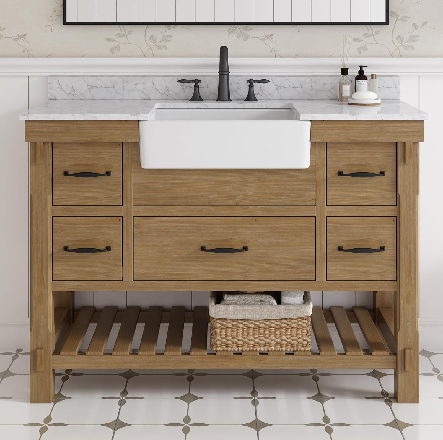 Farmhouse 48" Bathroom Vanity with Sink Combo, Wood Cabinet Floor Standing Small Single Bath Storage Cabinet Set with Marble Top, Bachsplash Included