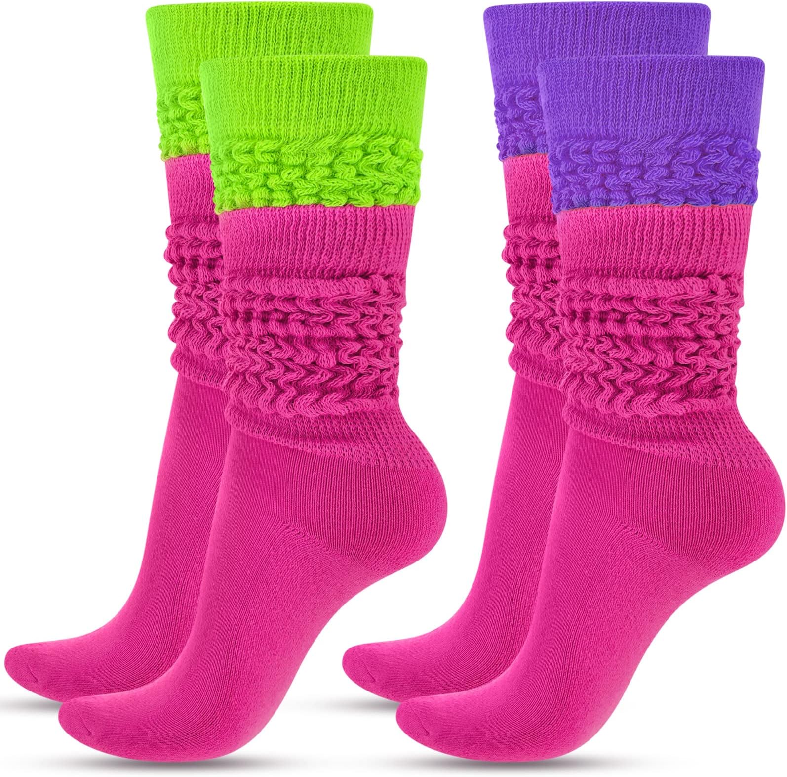 2 Pairs 80s 90s Neon Slouch Socks for Women Valentine Galentine's Day Soft Scrunch Socks Gift Extra Long Size 9 to 10