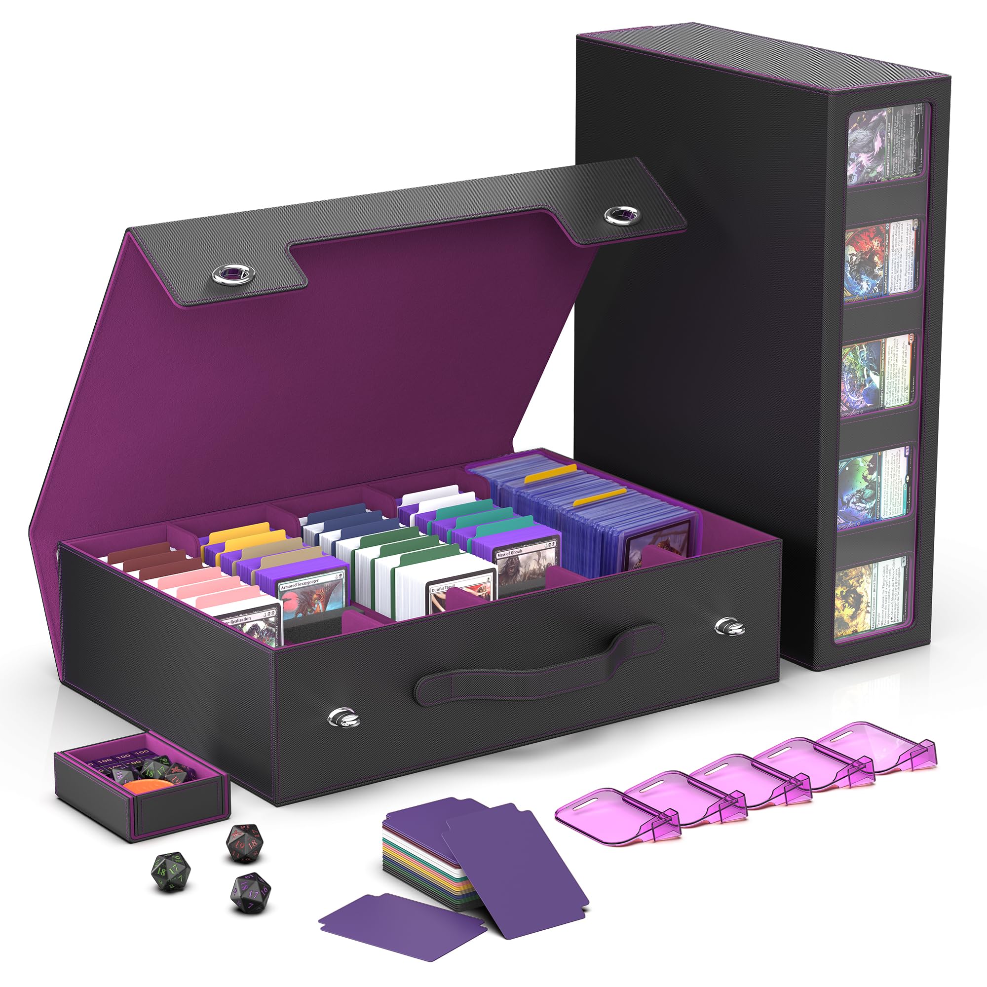 Kabinka Trading Card Storage Box with Handle & Mechanical Latch,5-Row 3900+ Commander MTG Card Case with Sealed Window,Top Loaders Organizer Deck Box for MTG/TCG/PTCG/Sports Cards (Black Purple) — image 1
