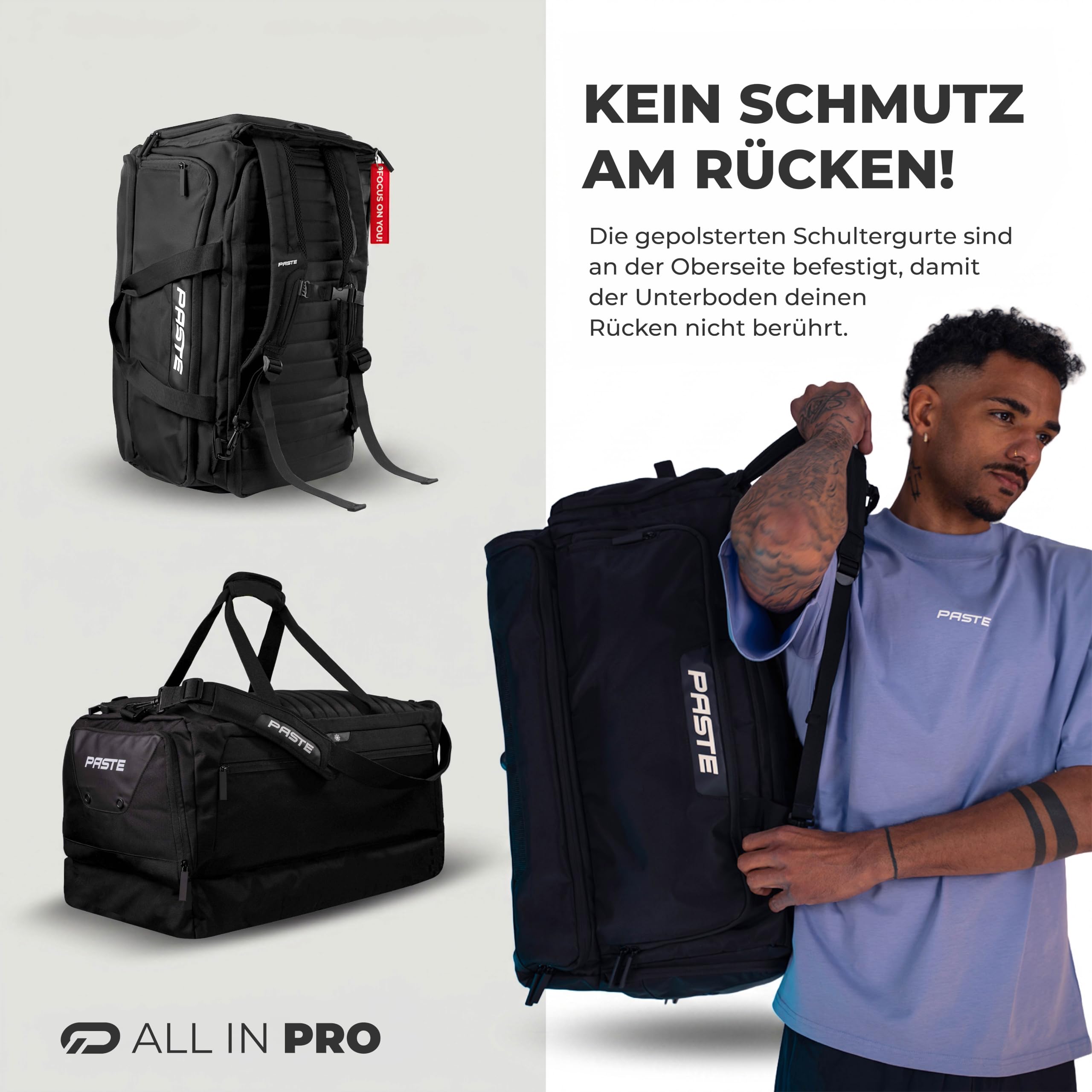 PASTE® - Personalisierte Sporttasche 68L mit Rucksackfunktion, Schuhfach & Nassfach Schwarz - Fußball-Tasche & Trainings-Tasche mit Kühlfunktion Damen & Herren groß - Gym Bag für Sport & Fitness