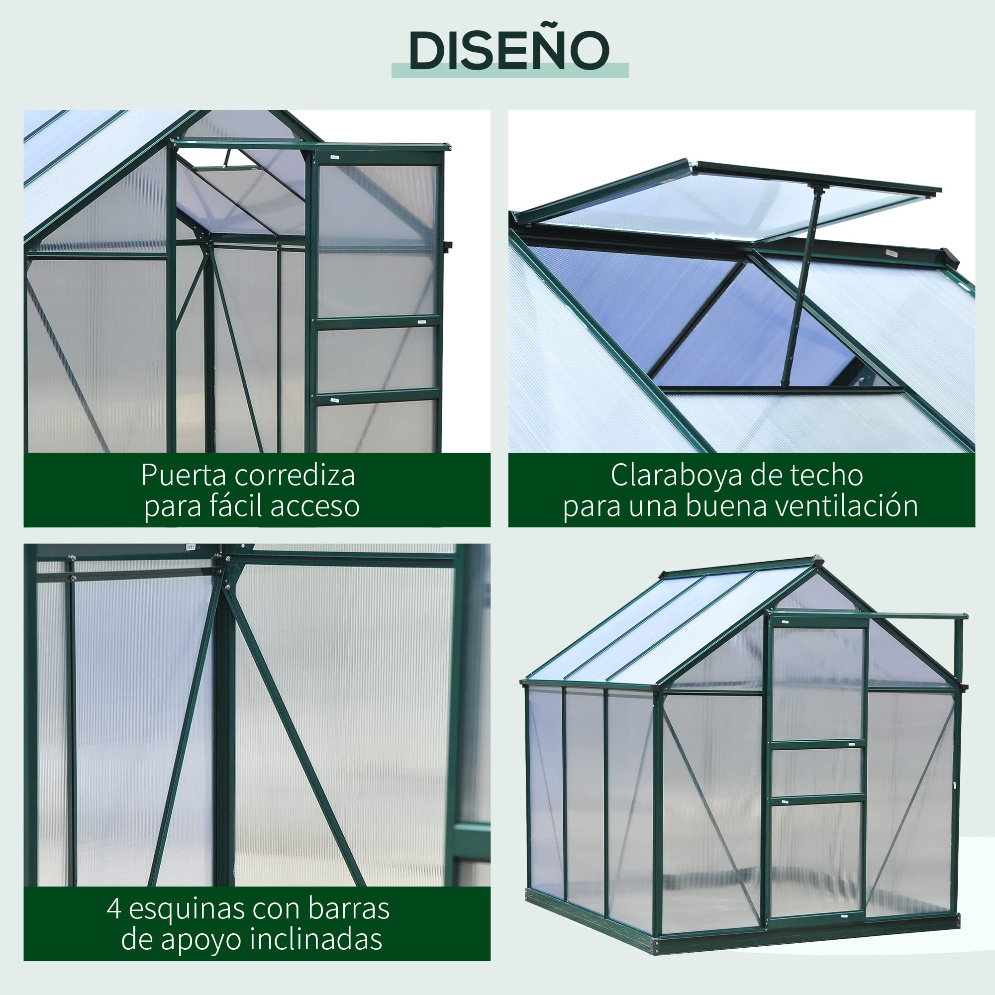 Outsunny Invernadero de Jardín 2x2 m Policarbonato y Aluminio Vivero Casero con Tragaluz Protección UV30 y Base 3,65 m² para Macetas Cultivo Plantas Flores Transparente