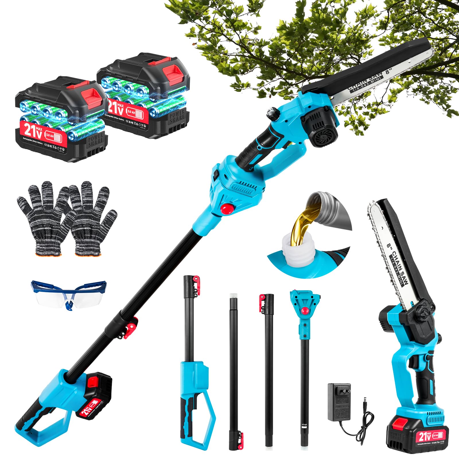 Mini motosierra 2 en 1 con batería y 8 pulgadas sin escobillas, con barra telescópica, sierra de podar con batería de 2 x 4,0 Ah, sierra de podar telescópica de 1,4 a 2,4 m, motosierra eléctrica para