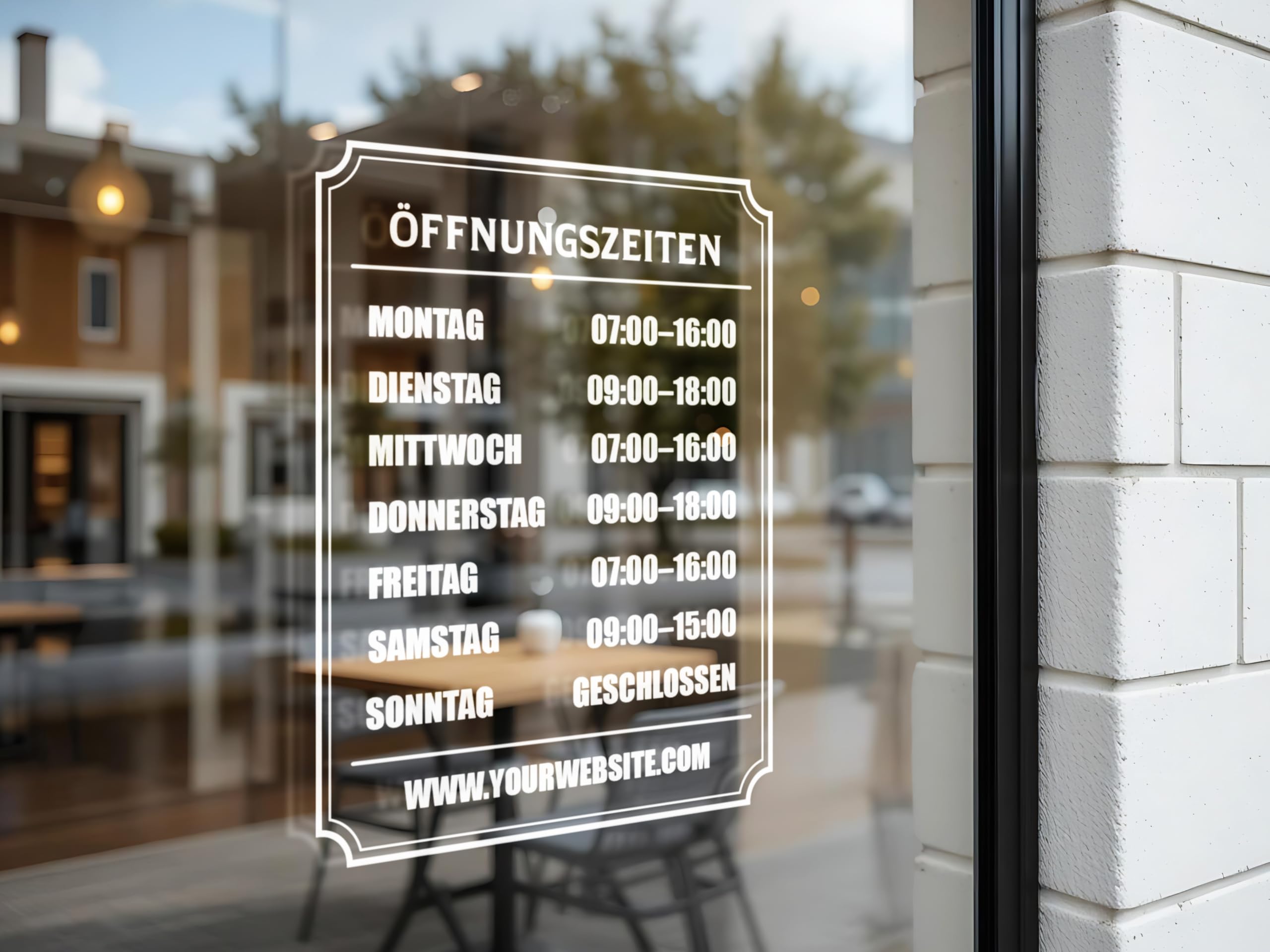 Öffnungszeiten Aufkleber Schaufenster mit Rahmen 23x30 cm – Wunschtext Fensterfolie Schaufensterbeschriftung – wetterfest weiß für Glastür Geschäft Laden – Made in Switzerland