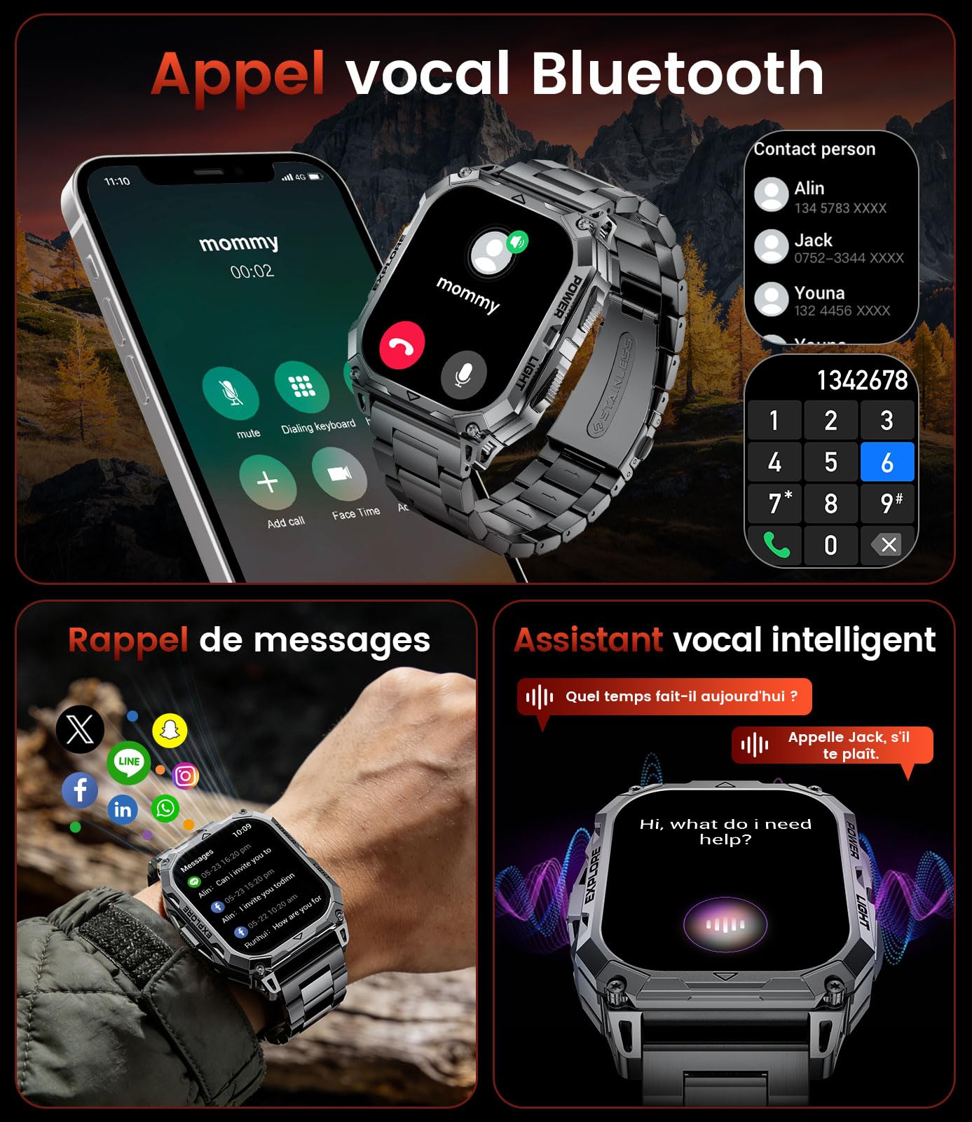 Montre Connectée Homme 1000mAh 2.01" IP68 Militaire Sport 24/7 Santé | Grand écran autonomie extrêmement longue surveillance de la santé plus de 110 modes sportifs cadrans personnalisables