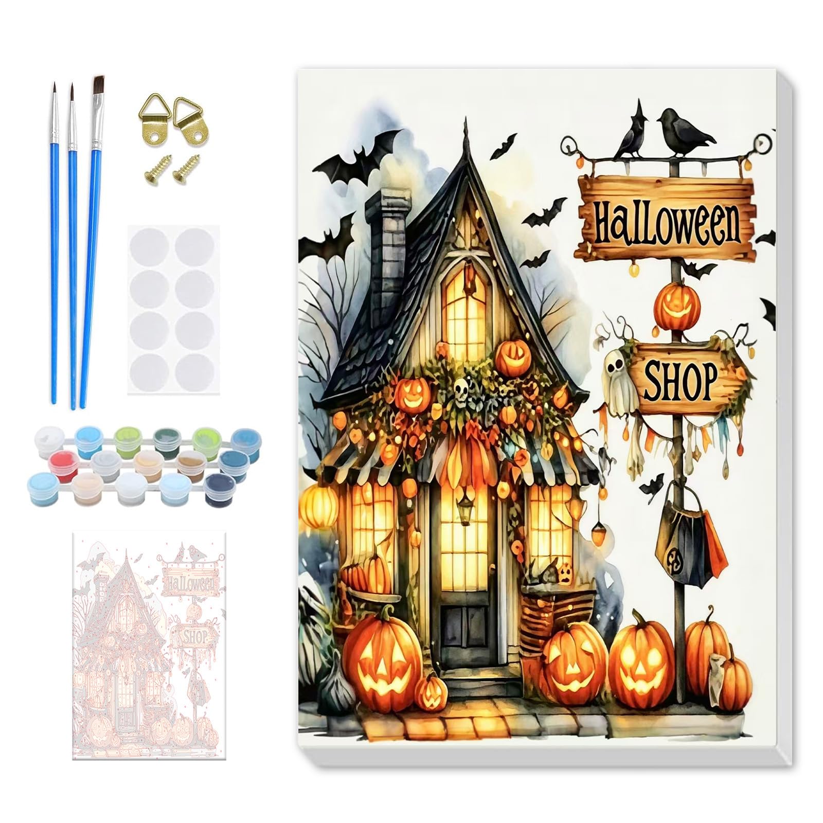 DOMROM Bat Shop Paint by Numbers Kit for Adults Beginner, Halloween Adult Paint by Number Kits on Canvas, DIY Acrylic Oil Easy Painting by Numbers for Home Wall Decor 8X12 inch (Halloween Shop)