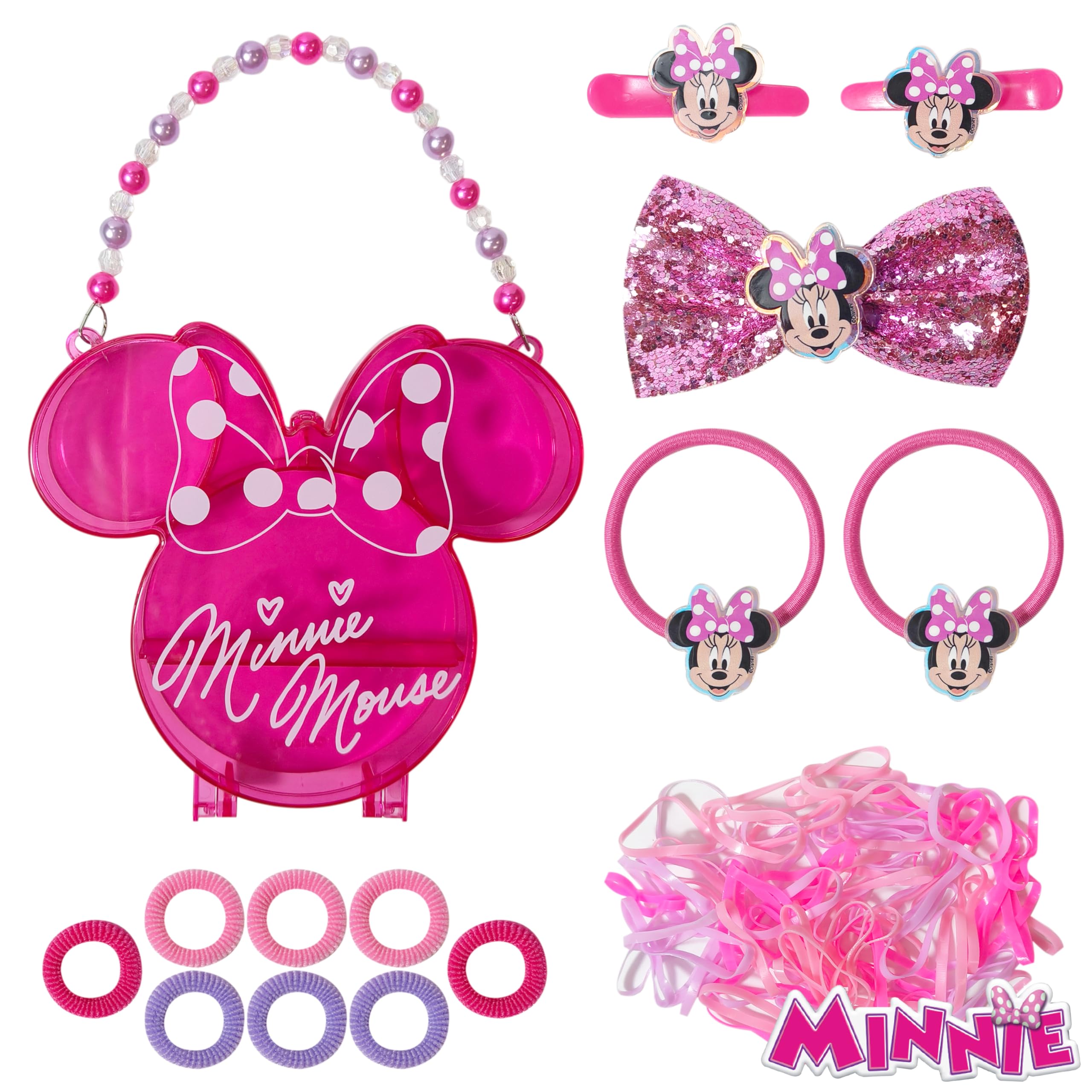 LUV HER Disney Minnie Mouse Hair Accessory Case for Girls with Clips, Elastics, Bows, and Terry, Ages 3+