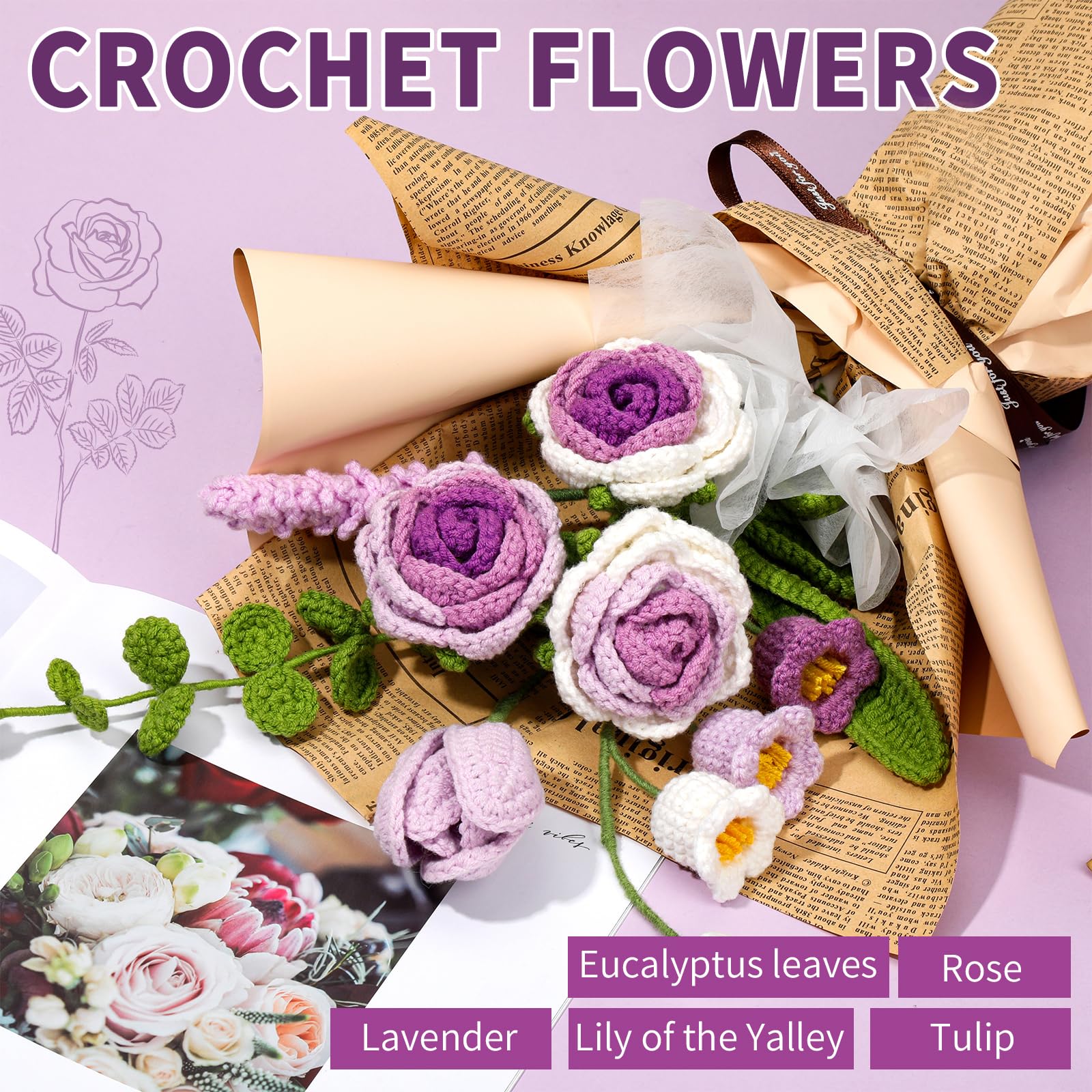 Beginner Crochet Flowers Kit - Purple Roses -3 Beginner Crochet Flowers Kit - Purple Roses -3