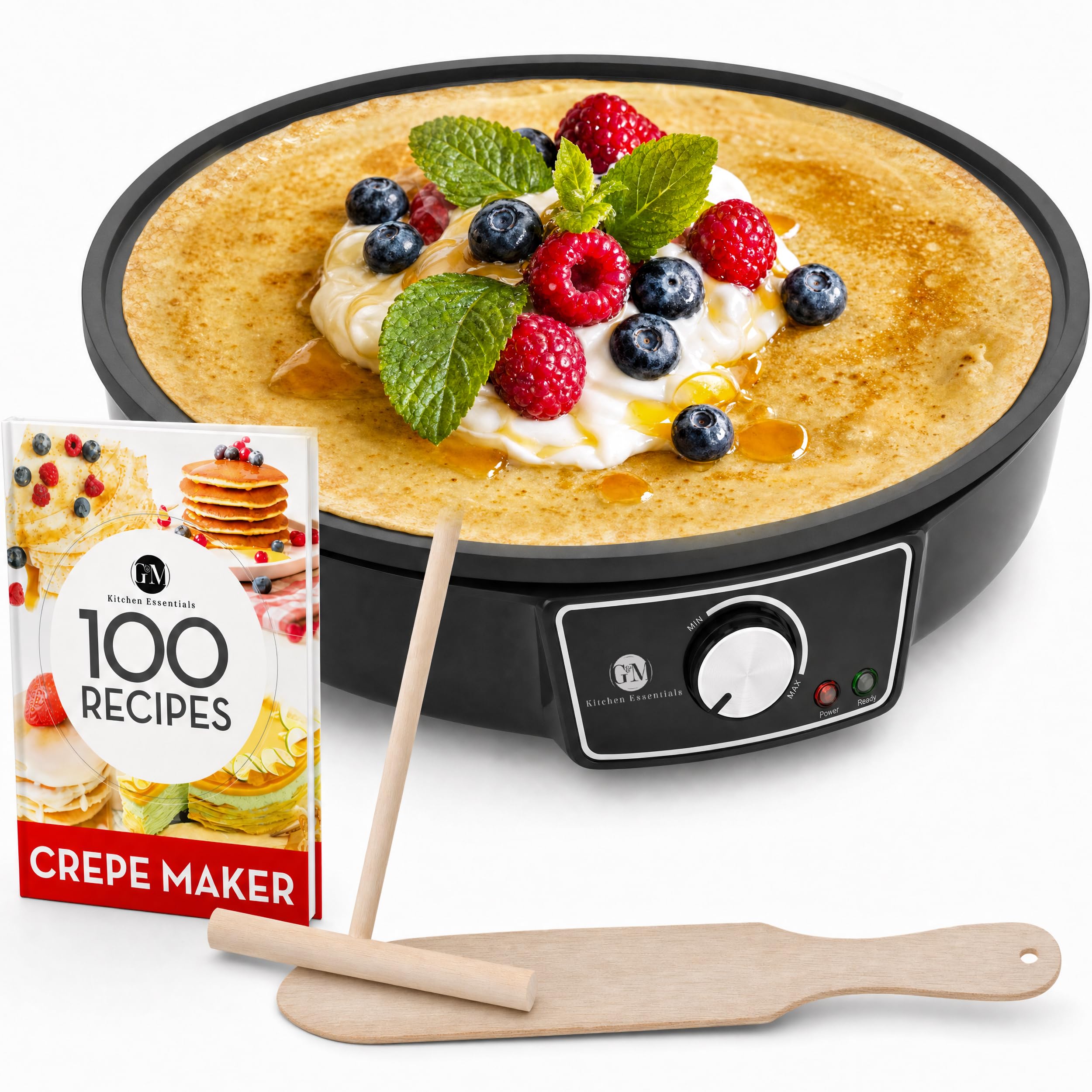 non-stick electric pancake griddle adjustable temperature dial professional crepe maker machine with batter spreader and wooden spatula
