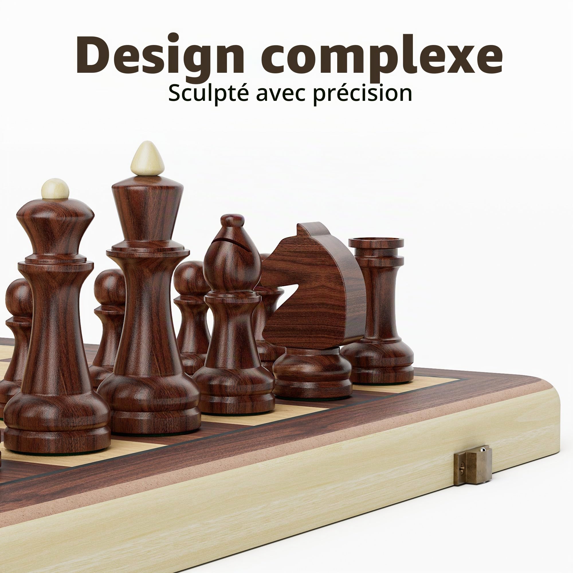 Jeu d'échecs et dames pliable en bois de 38 cm, jeu de société 2 en 1, figurines King Staunton de 7,6 cm, 2 dames supplémentaires