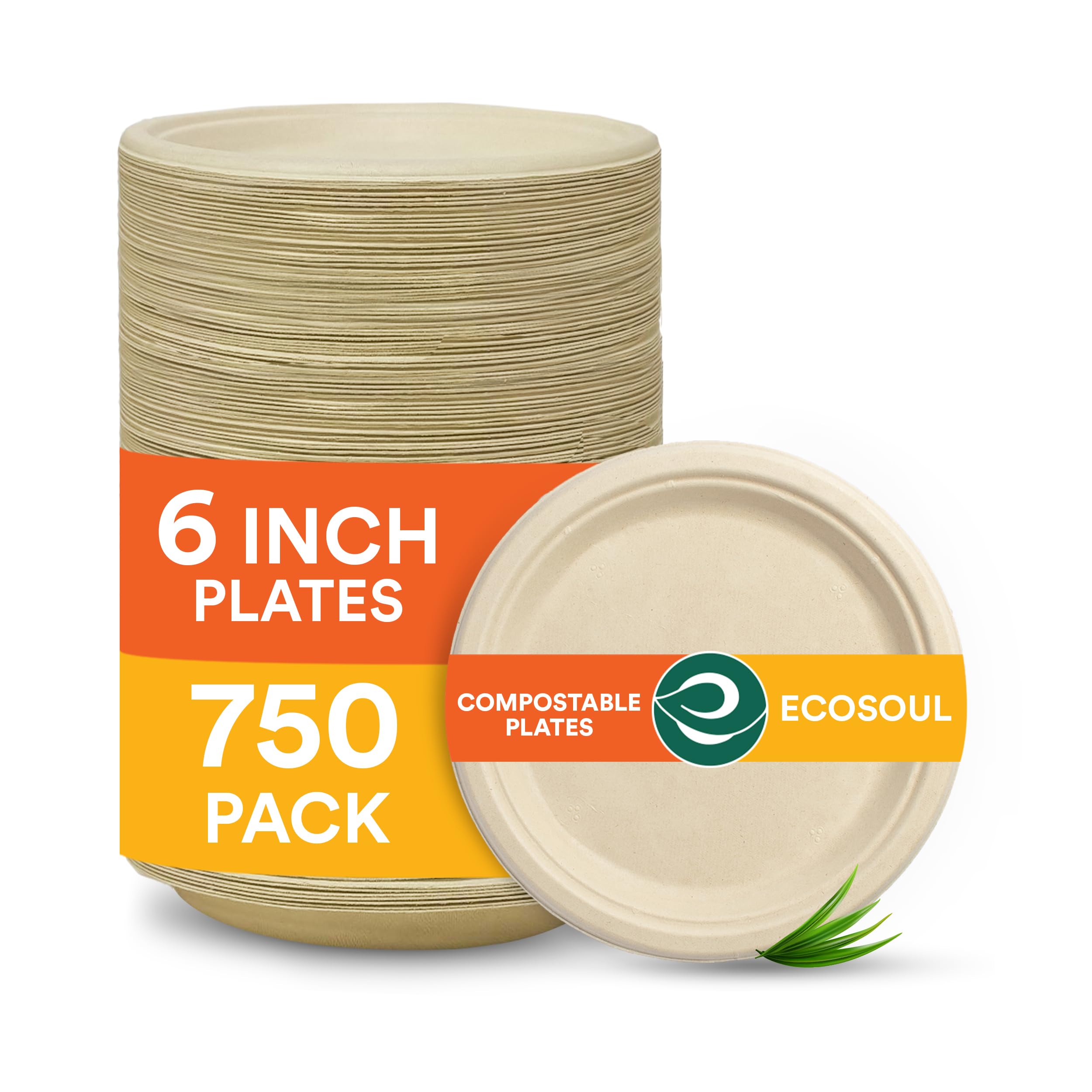 ECO SOUL100% Compostable 6 Inch Paper Plates [750-Pack] Disposable Party Plates I Heavy Duty Eco-Friendly Dinner Plates Disposable I Biodegradable Unbleached Sugarcane Eco Plates