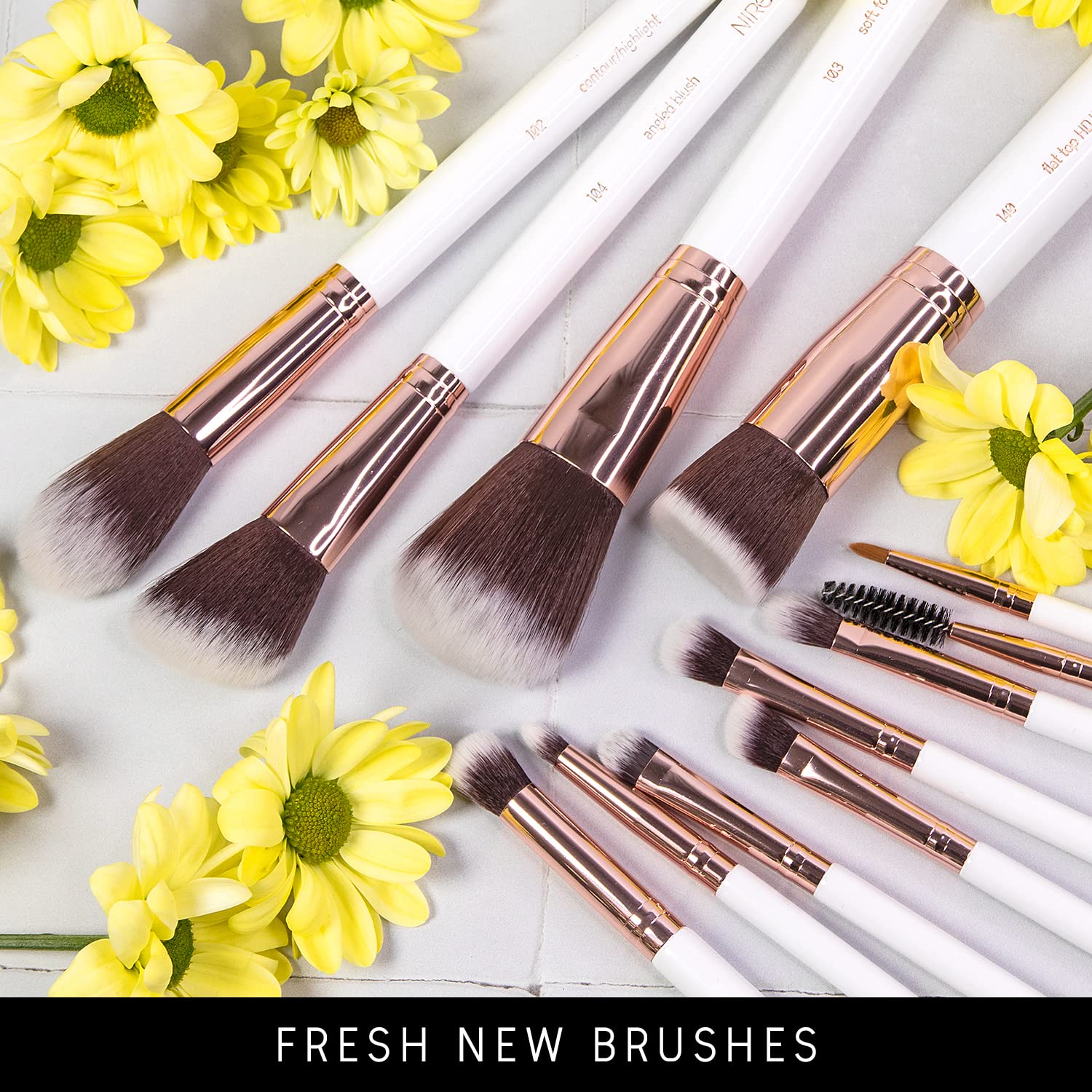 Niré Beauty Kit Pinceaux Maquillage Pro, vegan, 15 pcs, Blanc Or Rose | kabuki, blush, fond de teint, contouring, fard à paupières, sourcils, éponge, nettoyant, étui, coffret cadeau