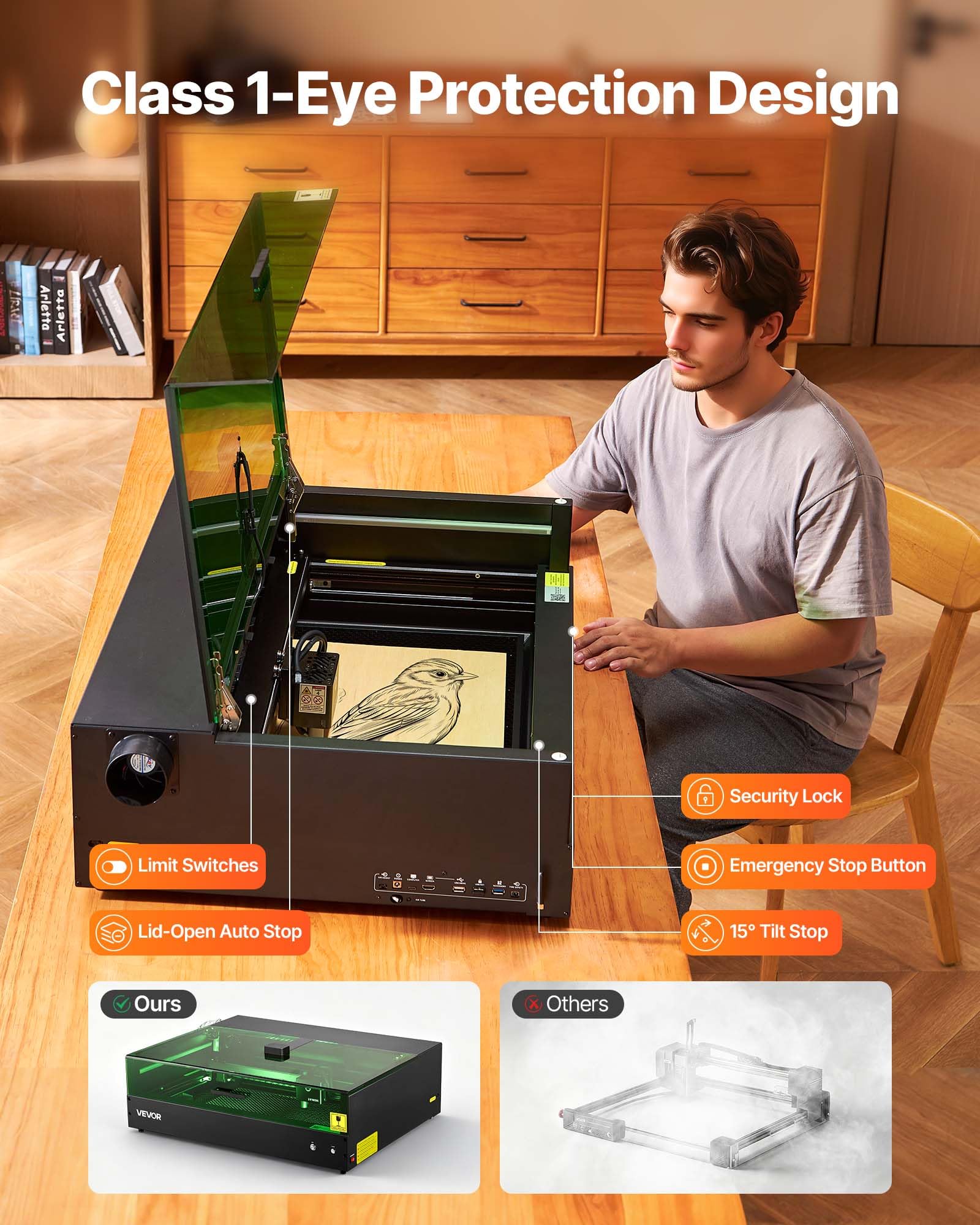 VEVOR Grabadora Láser, 20 W, Máquina de Grabado y Corte Láser con Cámara Integrada, 36 000 mm/min, Área de Trabajo de 50 x 32 cm, para Madera, Cuero, Vidrio, Papel y Ciertos Metales, Clase 1
