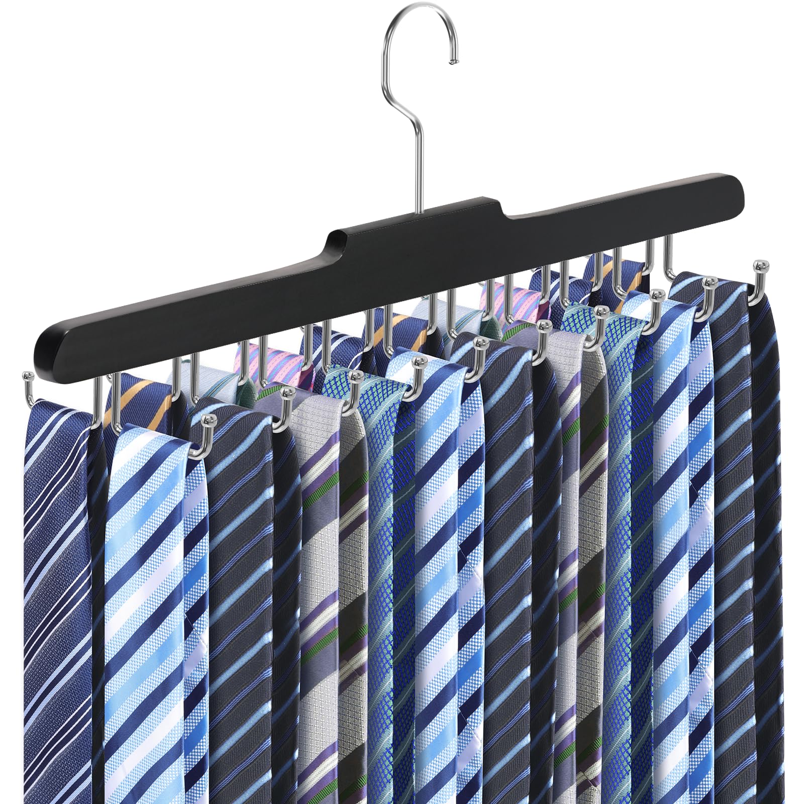 Tie Rack Belt Hanger for Closet, Upgraded Non Slip Tie Hanger Space Saving with 20 Foldable Hooks Wooden Belt Tie Organizer for Tank Tops Bras Cami Scarves (Black,1 Pack)