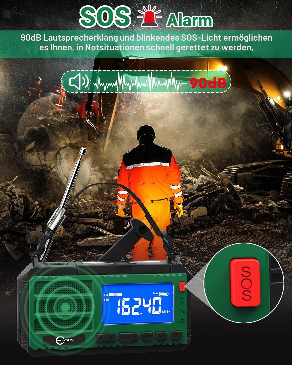 Esky Kurbelradio, 10000mAh Solar Notfallradio mit AM/FM Wiederaufladbare Weltempfänger, USB Lader, LED Taschenlampe&Leselicht, SOS-Alarm & Kompass, Tragbar für Camping, Notfall, Blackout, Geschenkidee