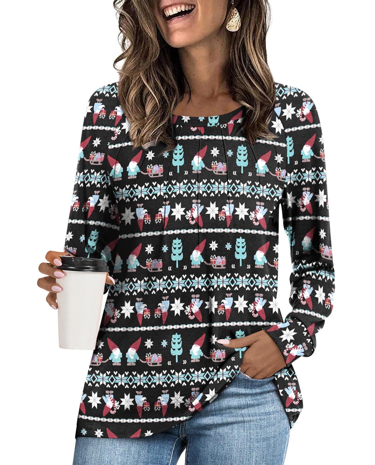 Addtoo Womens 2025 Fall Tunic Tops Casual Long Sleeve Pleated Blouse Warm Loose Dressy Tshirt For Legging