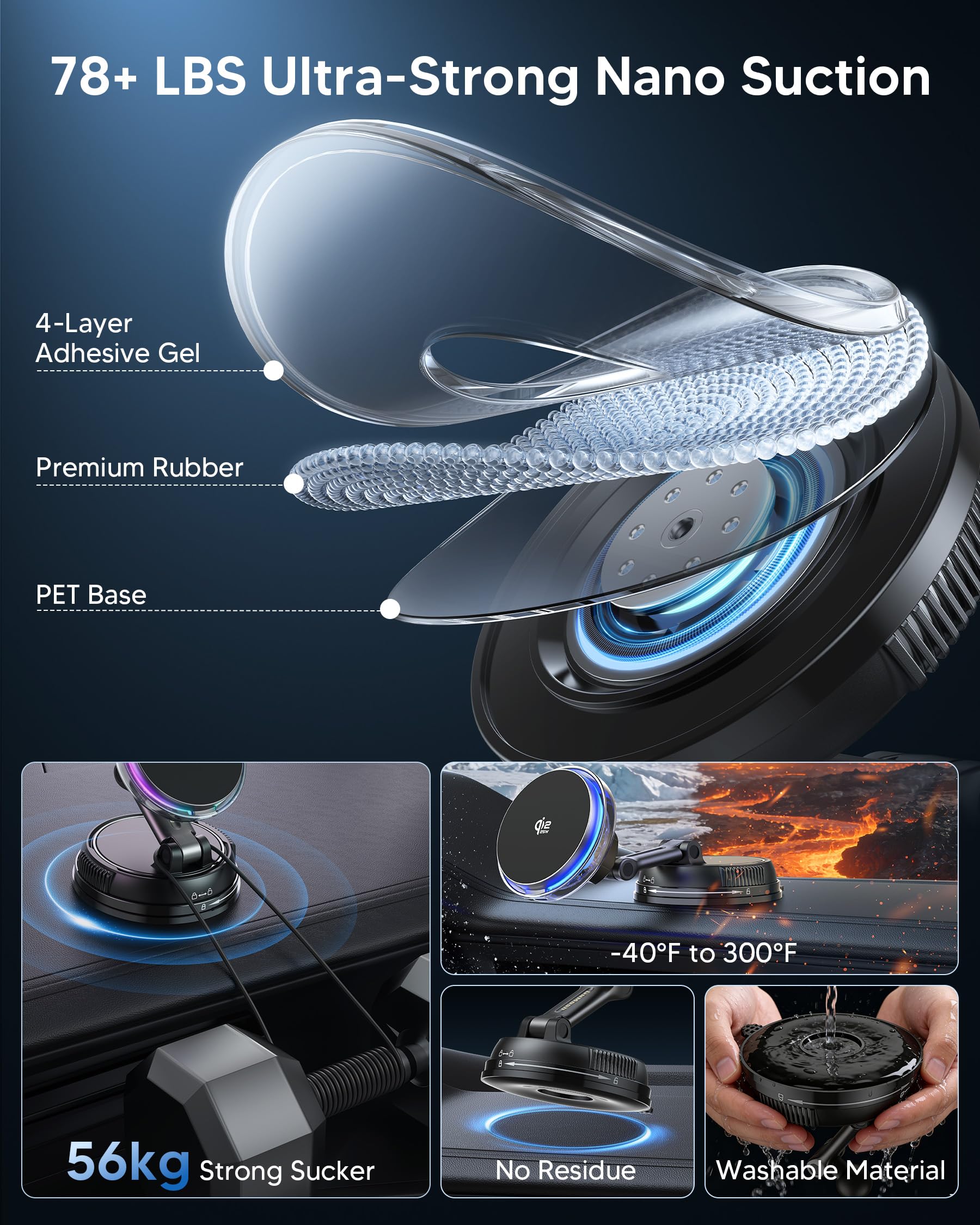 Qi2.2 - Caricatore da auto MagSafe da 25 W, ventola di raffreddamento del telefono e luce RGB, caricabatterie wireless da auto con aspirazione a vuoto da 78+LBS, supporto magnetico girevole a