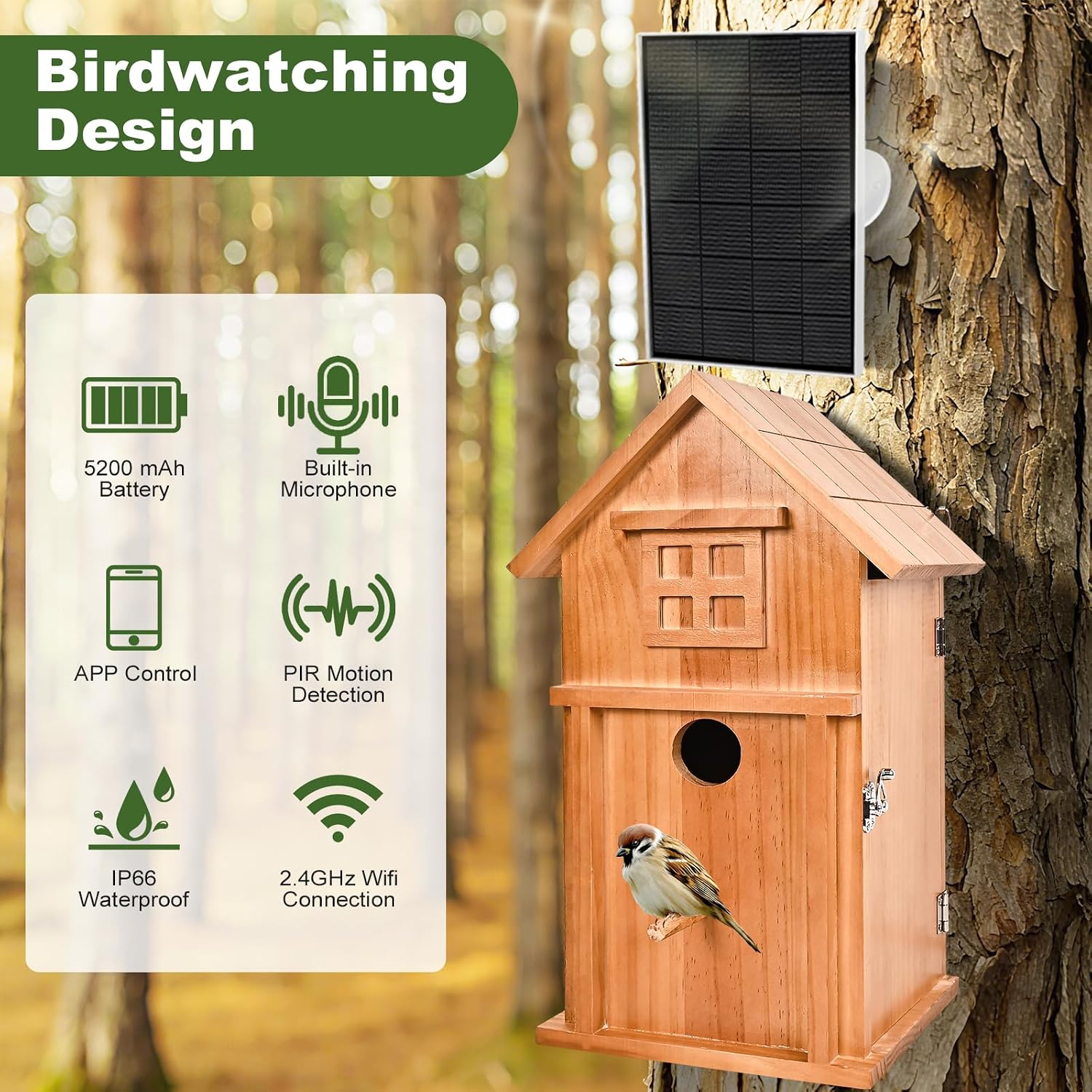 Bird House with Camera Solar Powered 1080P HD Outdoor Design, 2.4G WiFi, Auto Capture Bird Video & Motion Detection, Night Vision, (Dark)