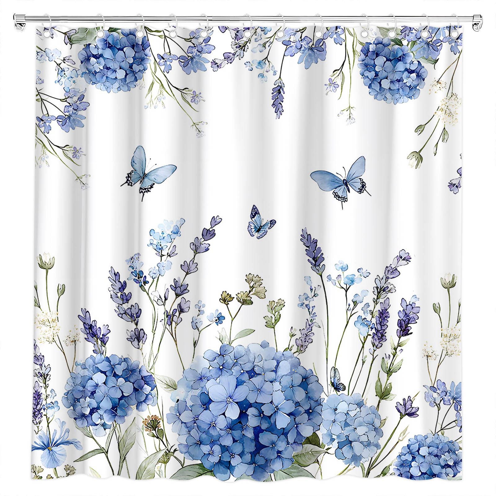 Blue Purple Hydrangea Floral Shower Curtain Watercolor Spring Flower Blossom Green Leaves Butterfly Rustic Nature Plant Farmhouse Bath Curtain Fabric
