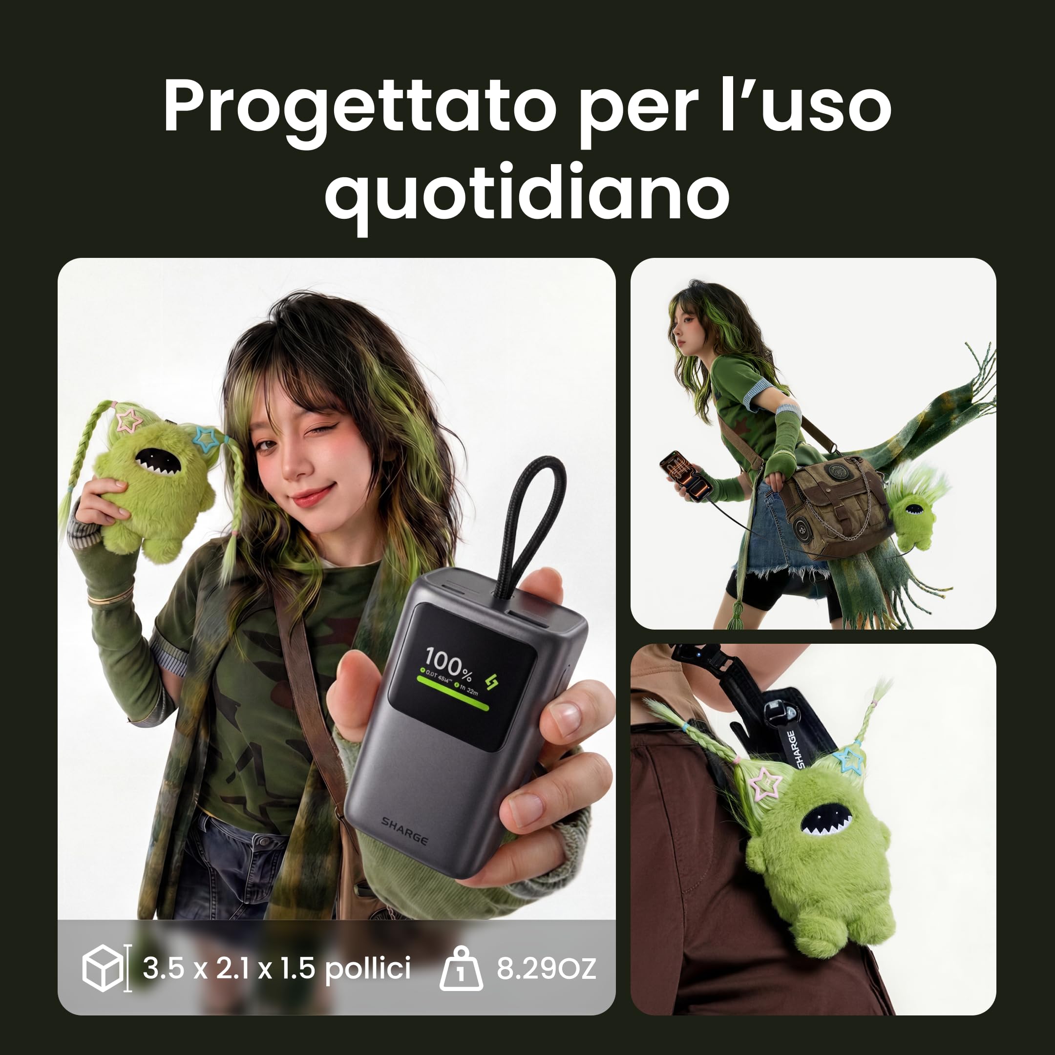sharge 45W Fast Charging Power Bank,10000mAh USB-C retrattile integrato | display intelligente e ricarica rapida da 45W per iPhone 17/16, iPad