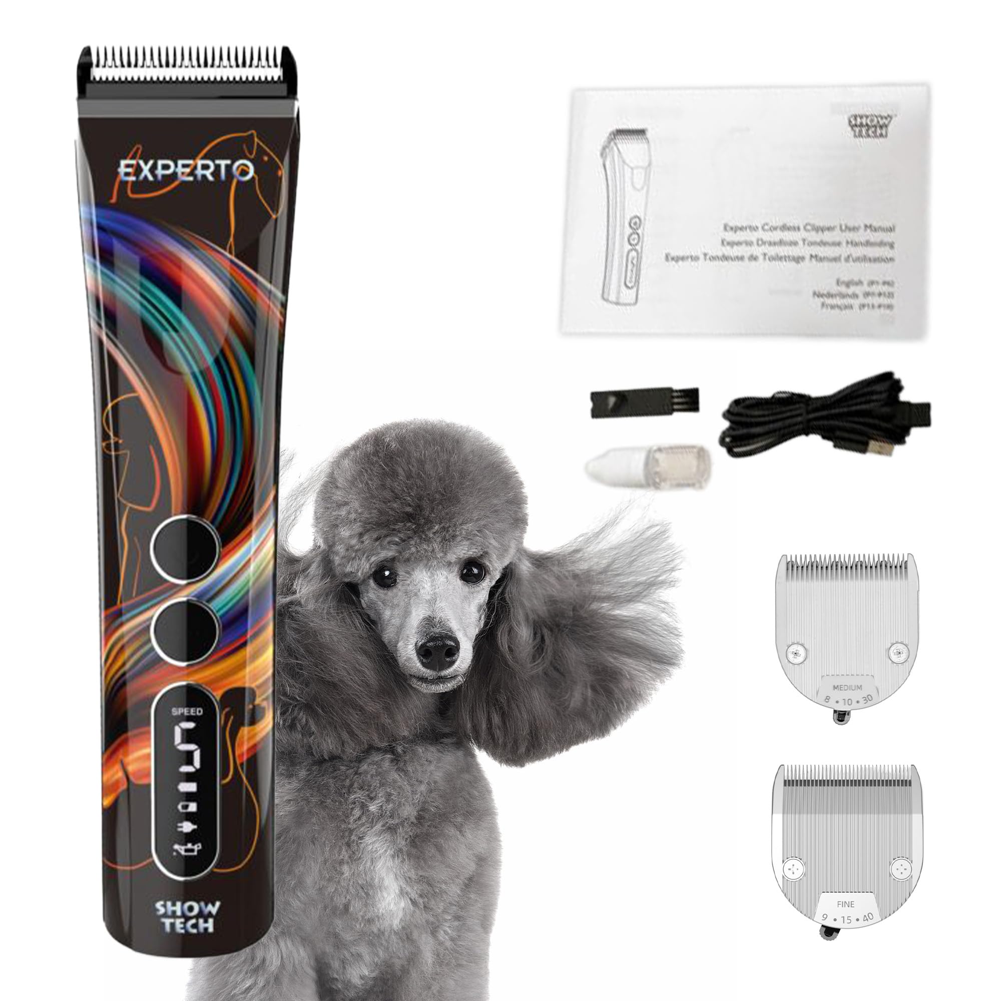 Show Tech Experto Cordless Dog Clippers, Ultra-Quiet Grooming Clipper, Powerful Rotary Smart-Clip Motor for Thick Hair, 5 Speed Settings, Dog Grooming Clipper Kit