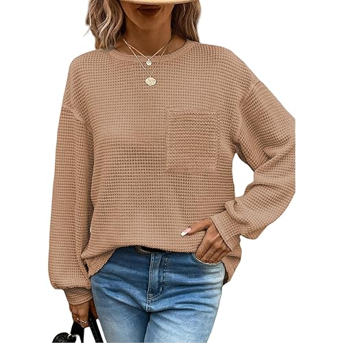 Dokotoo Womens Tops 2024 Long Sleeve Tops Crewneck Waffle Top for Women Women Blouses Business Casual Fitted Shirts Basic Tee