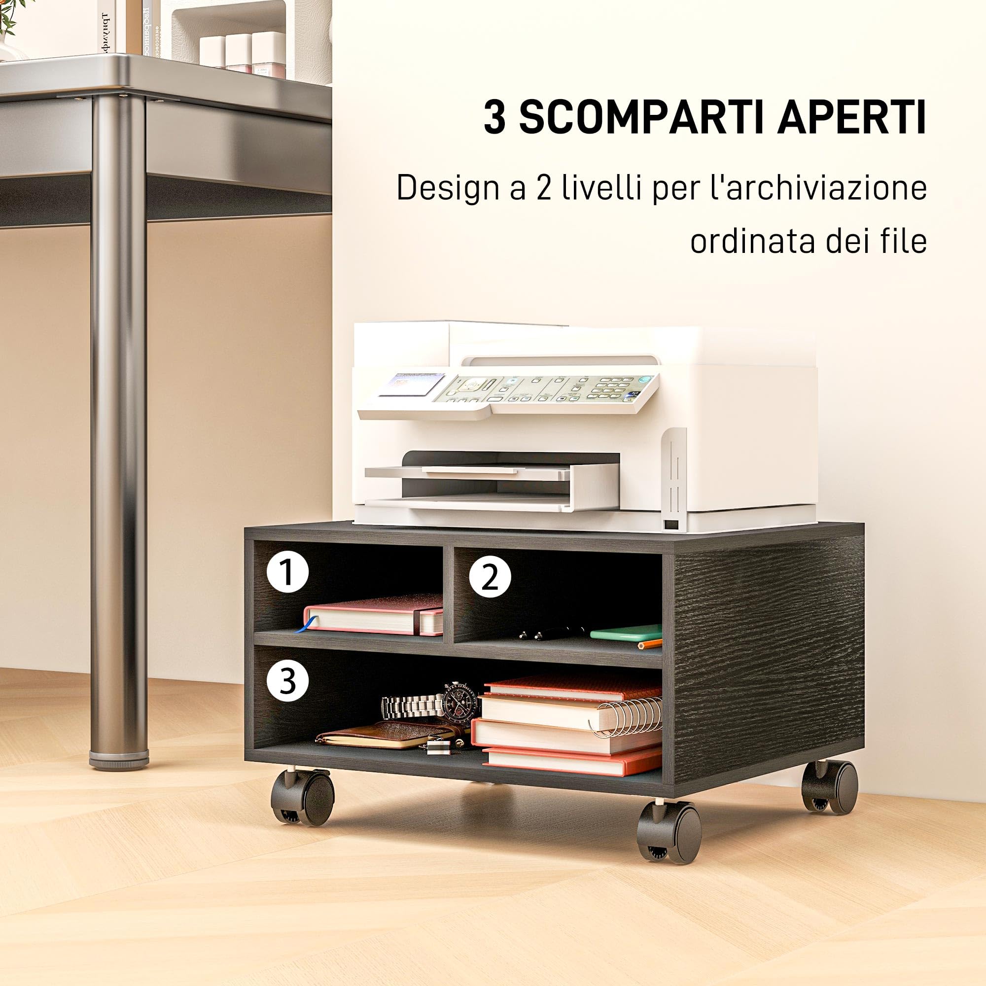 HOMCOM Mobile Porta Stampante a 2 Ripiani, Mobiletto per Ufficio e Studio in Legno con Ruote, 47x40x22.5cm, Nero