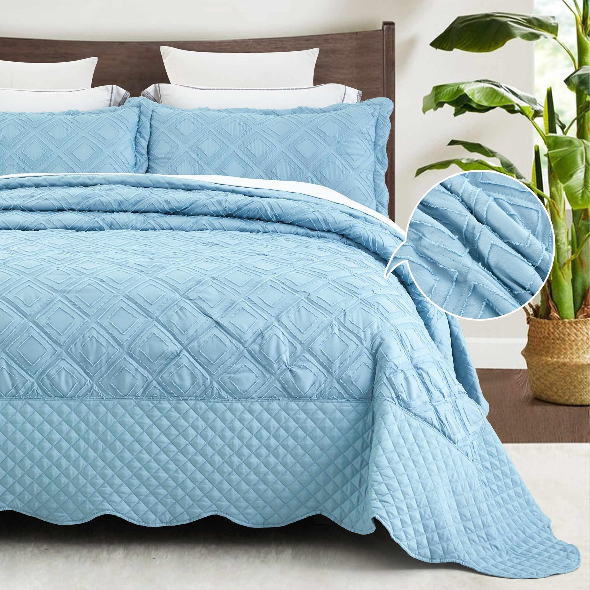 Blythease Oversized King Bedspread, Tufted Jacquard Diamond Pattern, Shabby Chic Boho Bohemian Look, Lightweight, 3 Piece, Peacock Blue