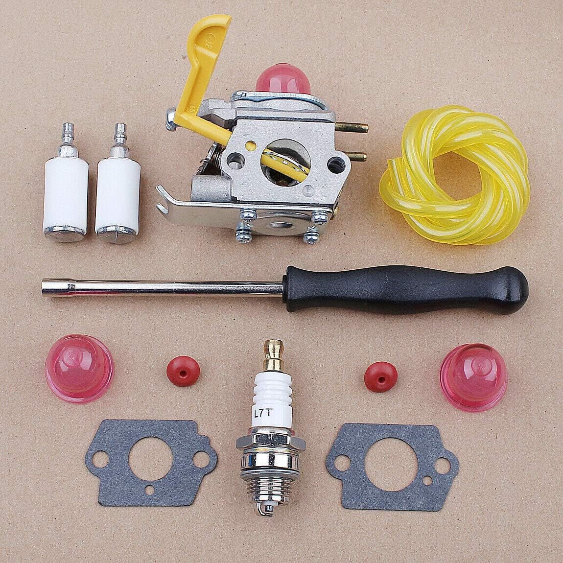 Close-up of the carburetor with fuel lines and primer bulb