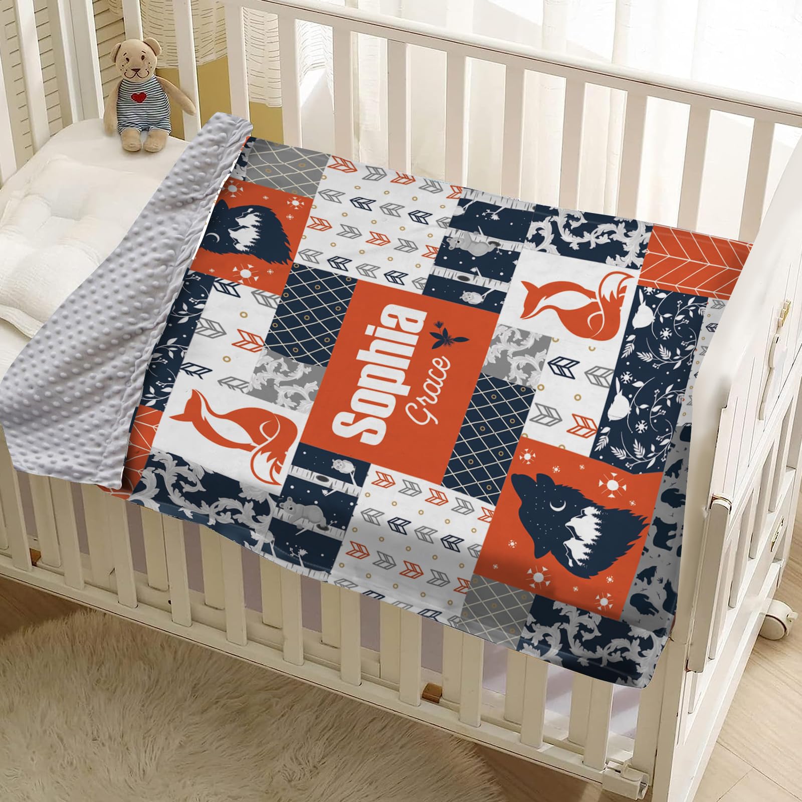 Manta personalizada para bebé, manta a cuadros con nombre personalizado con diseño de animales del bosque, manta de franela de felpa suave con respaldo de puntos de doble capa para niños y