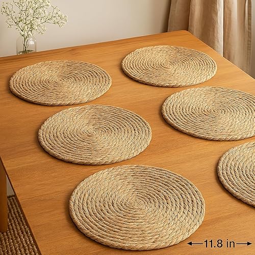 Miniatura 2 de Juego de 6 manteles individuales redondos tejidos, manteles individuales bohemios de 11.8 pulgadas, decoración rústica de mesa de comedor de granja,