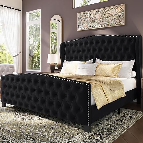 Miniatura 12 de Marco de cama tapizado tamaño Queen en terciopelo color beige con cabecera y pie de cama acolchados con botones profundos y soporte de listones de