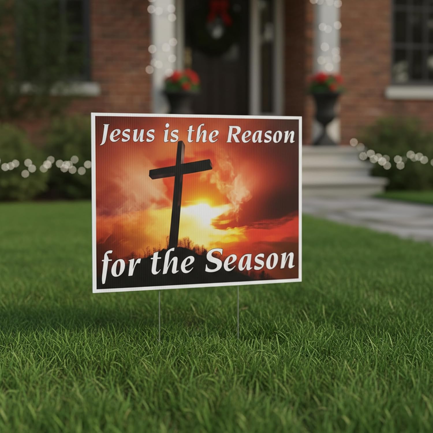 VictoryStore Yard Sign Outdoor Lawn Decorations - Easter Lawn Display, "Jesus Is the Reason for the Season" Sunset Cross Design, 18 Inches x 24 Inches, Set of 6, Includes 2 stakes per sign
