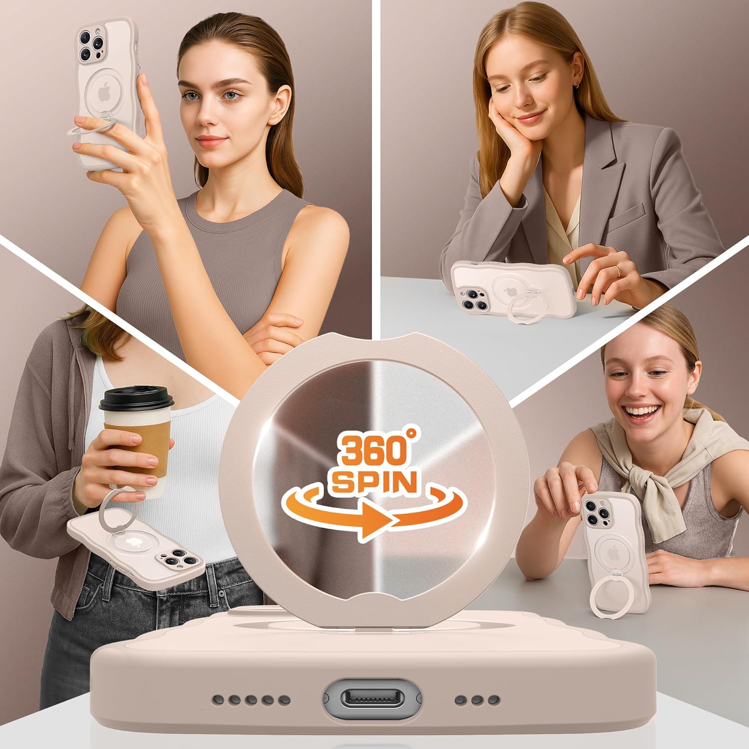 GolbinBox for iPhone 14 Pro Case for Women,[Compatible with Magsafe][360° Spin Magnetic Stand][Cute Wave Edge][Military-Grade Protection] Translucent Matte Phone Case for iPhone 14 Pro, Rose Gold