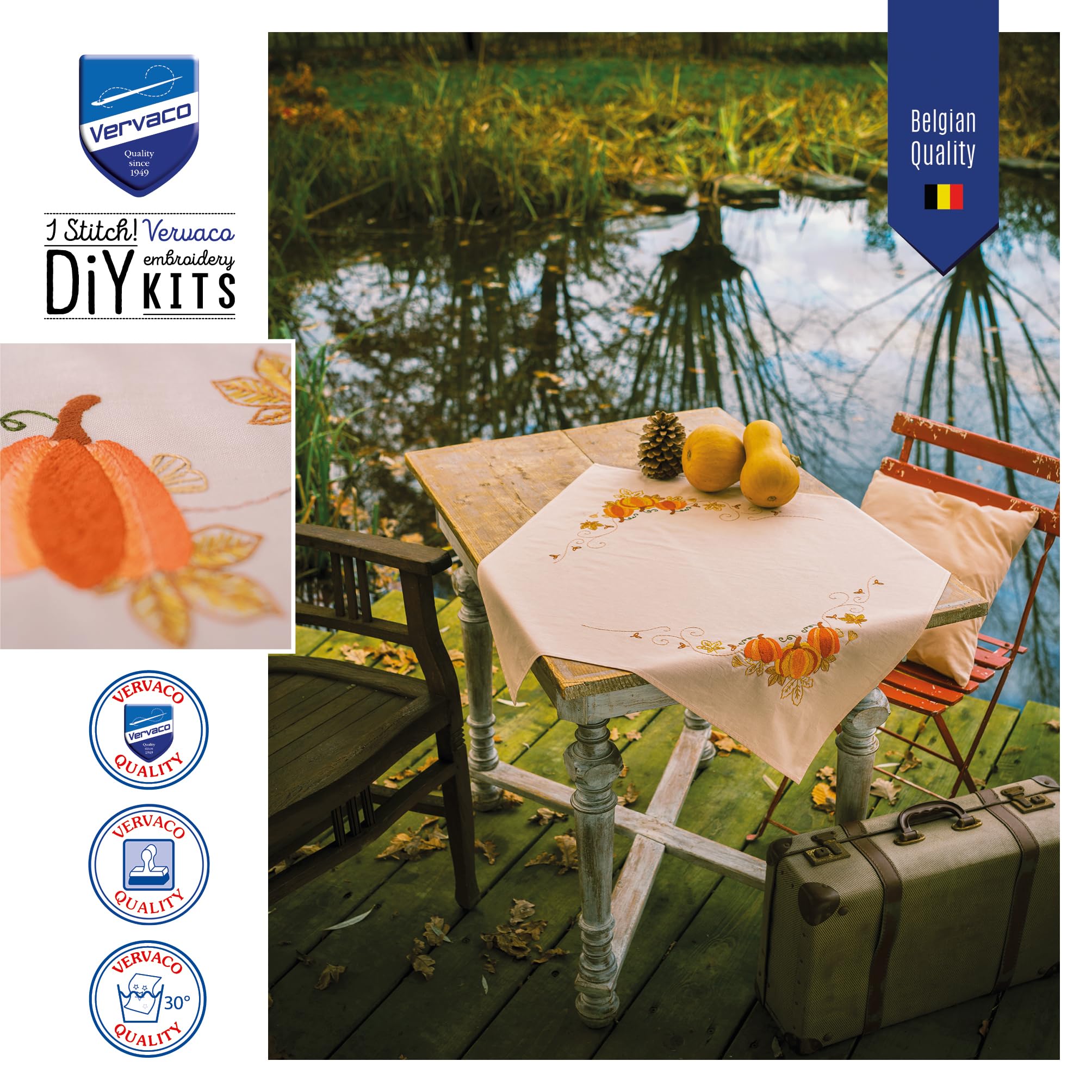 Tischdecke Plattstich Stickpackung Herbstkürbisse, Stickbild gedruckt, 72x72cm
